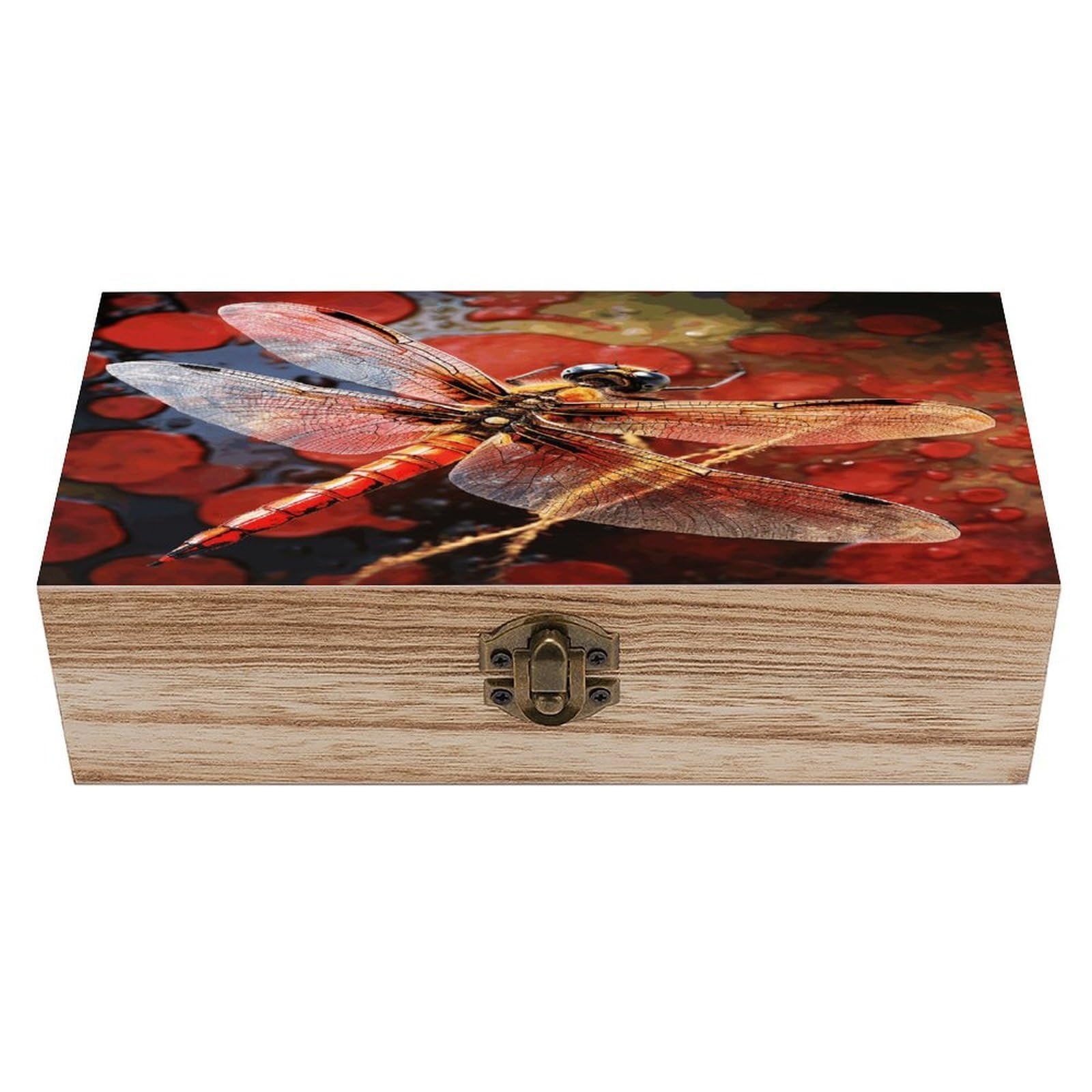VstaDank Red Dragonfly Wooden Storage Box Wooden Keepsake Box with Hinged Lid Exquisite Solid Wood Decorative Jewelry Case Memory Box for Jewelry Photos Letters Crafts Trinkets