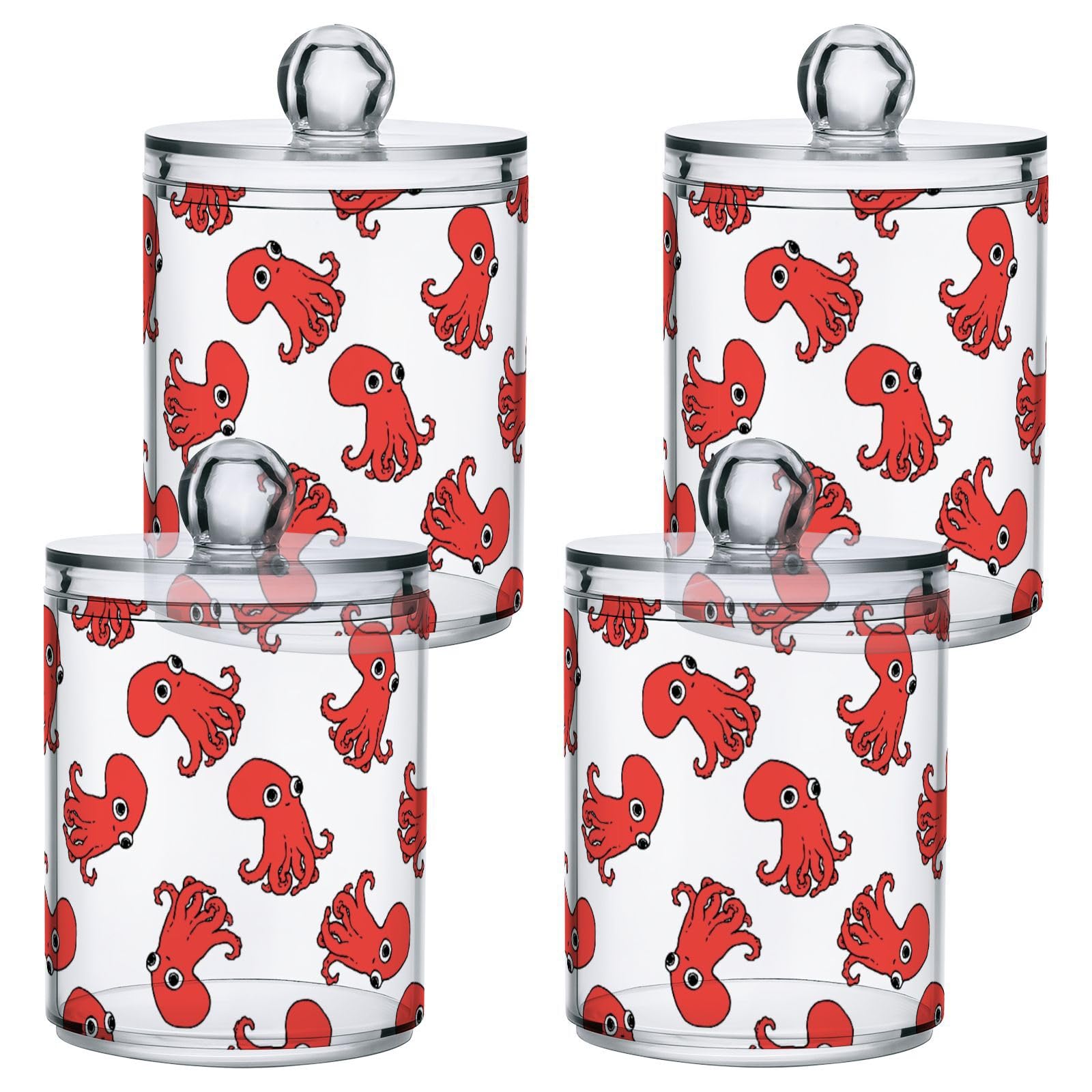 Gredecor 2 Pack Qtip Holder Clear Red Octopus Pattern Apothecary Jars with Lids Acrylic Bathroom Jars Vanity Countertop Canister Storage Organizer for Cotton Ball,Swabs,Pads,Floss