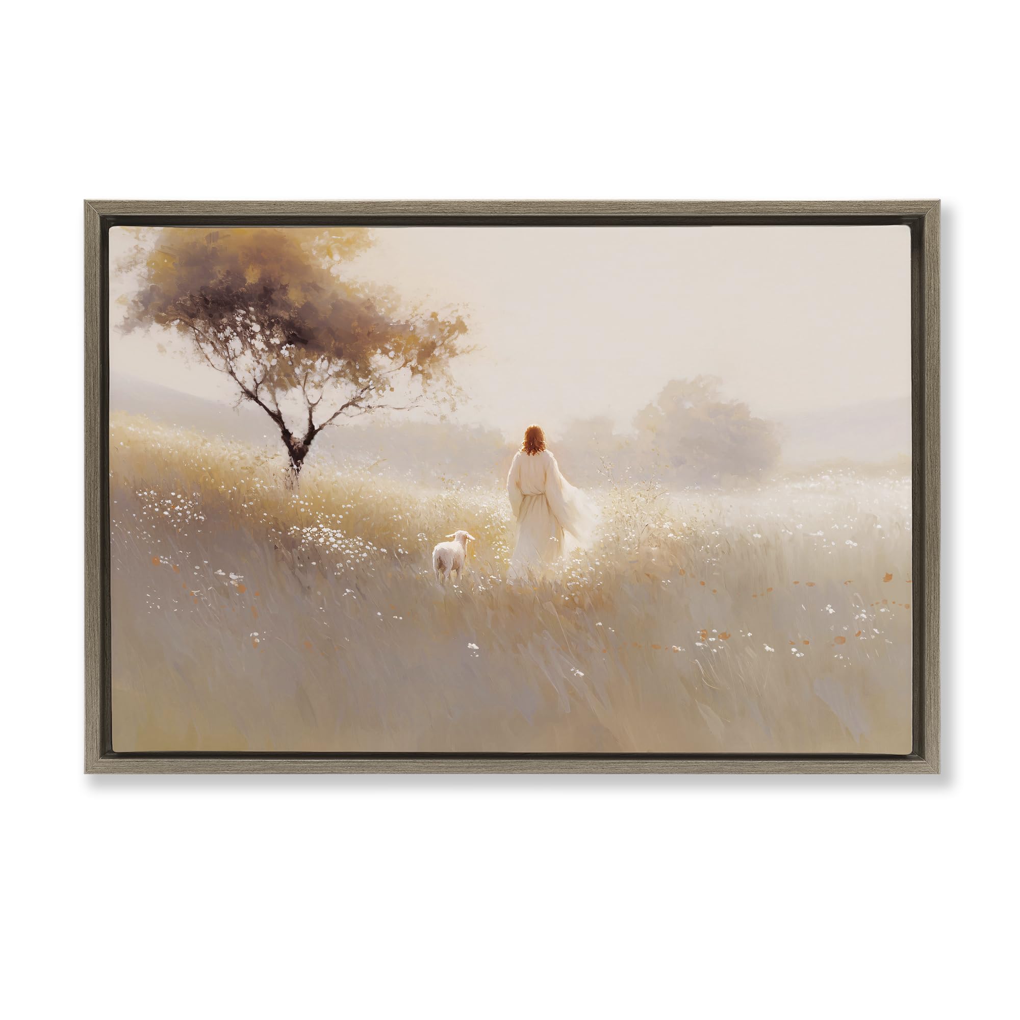 Stupell Industries 'Spiritual Shepherd & Lamb', Floating Frame Canvas Art, Brown, 31 x 21 Inches, Easy to Hang and Sturdy, Made in USA, by Jacky Ngan