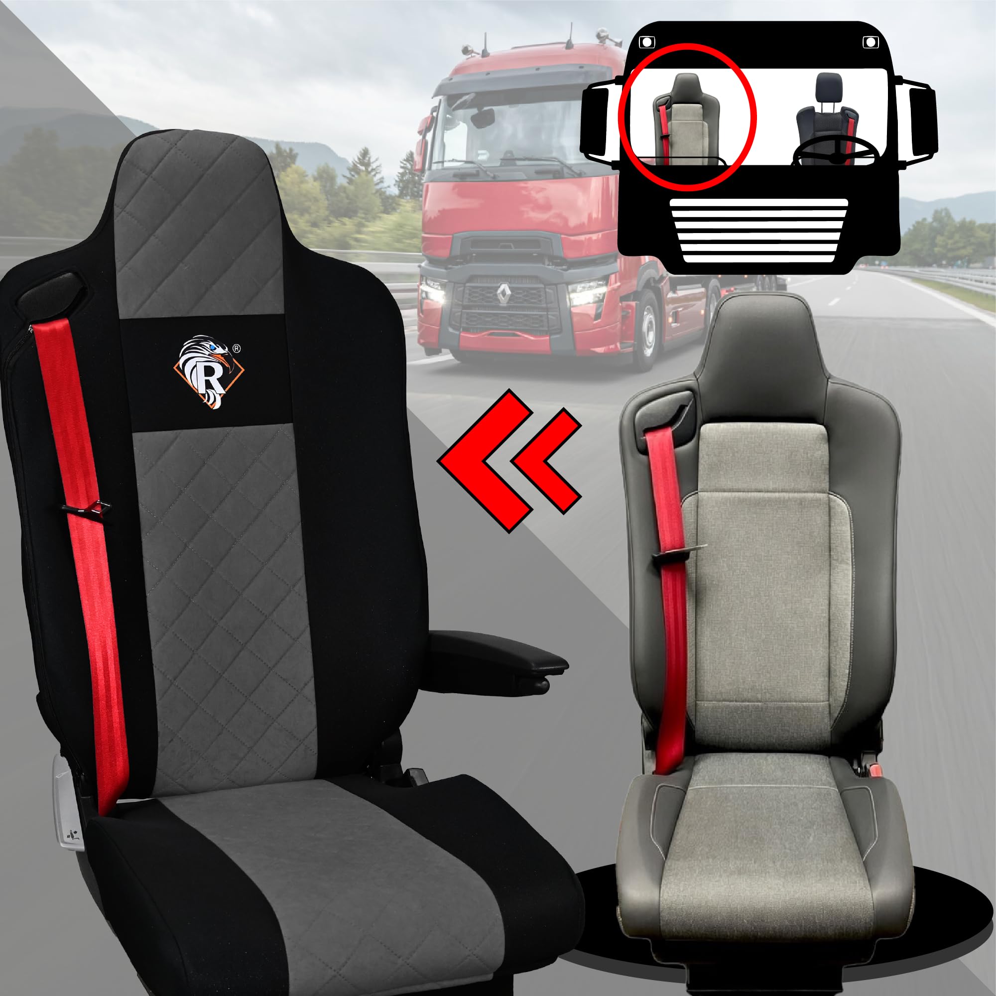 SABA Funda de Asiento para Renault Serie T Desde 2014, Asiento del Conductor con reposacabezas, Asiento del Pasajero, 2 Cinturones de Seguridad Gris Accesorios de protección para Asientos de Camiones
