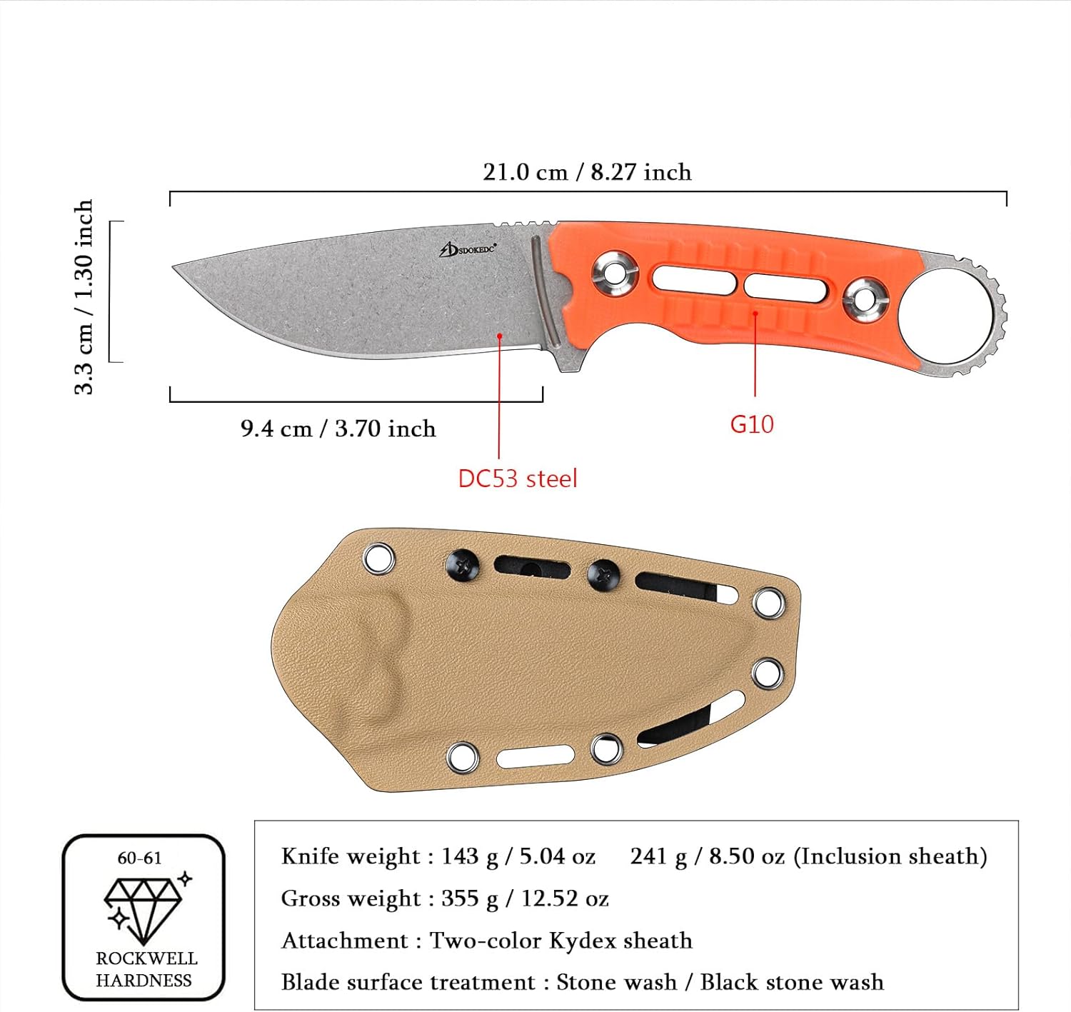 Knives DC53 Steel Tactical Fixed Blade Knife G10 Handle with kydex sheath for Men Camping Survival Hunting Outdoor EDC (White+Orange)