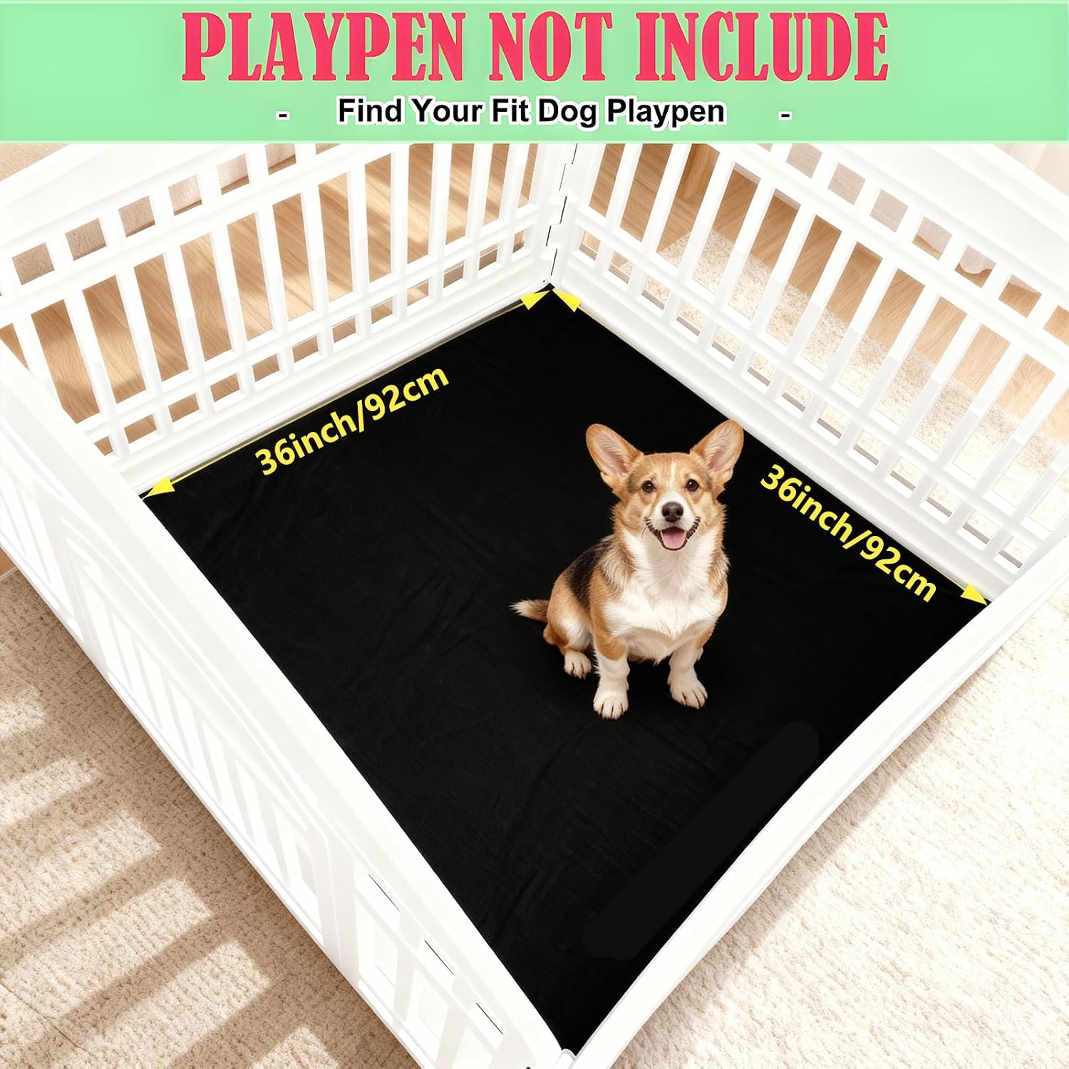 Dog Playpen Bottom Pad Mat for 36" 4-Panel Playpens - Scratch & Chew-Resistant Puppy Pen Floor Mat with Hook & Loop Fasteners, Waterproof & Leakproof, Non-Slip (Playpen Not Included) (PureBlack) thumbnail
