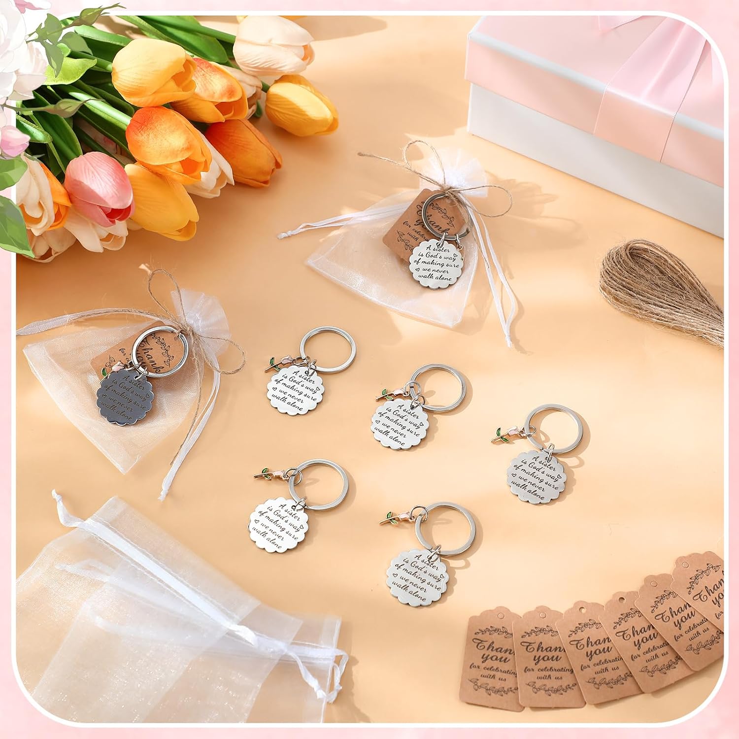 Sumind 24 Set Thank You Keychain Bulk Spring Floral Appreciation Gift for Birthday Spring Weeding Holiday Party Favors(Gift for Sister) image 4