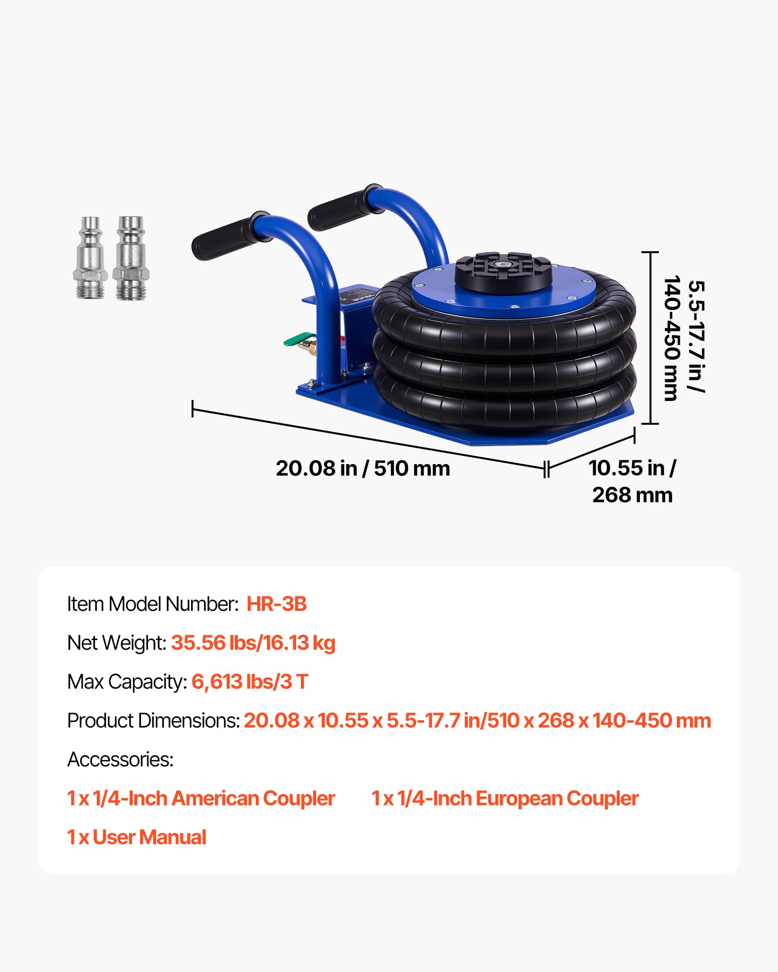 VEVOR Cric Pneumatico 3 Tonnellate 6 Tubi Acciaio Altezza 45 cm per Auto SUV Officine
