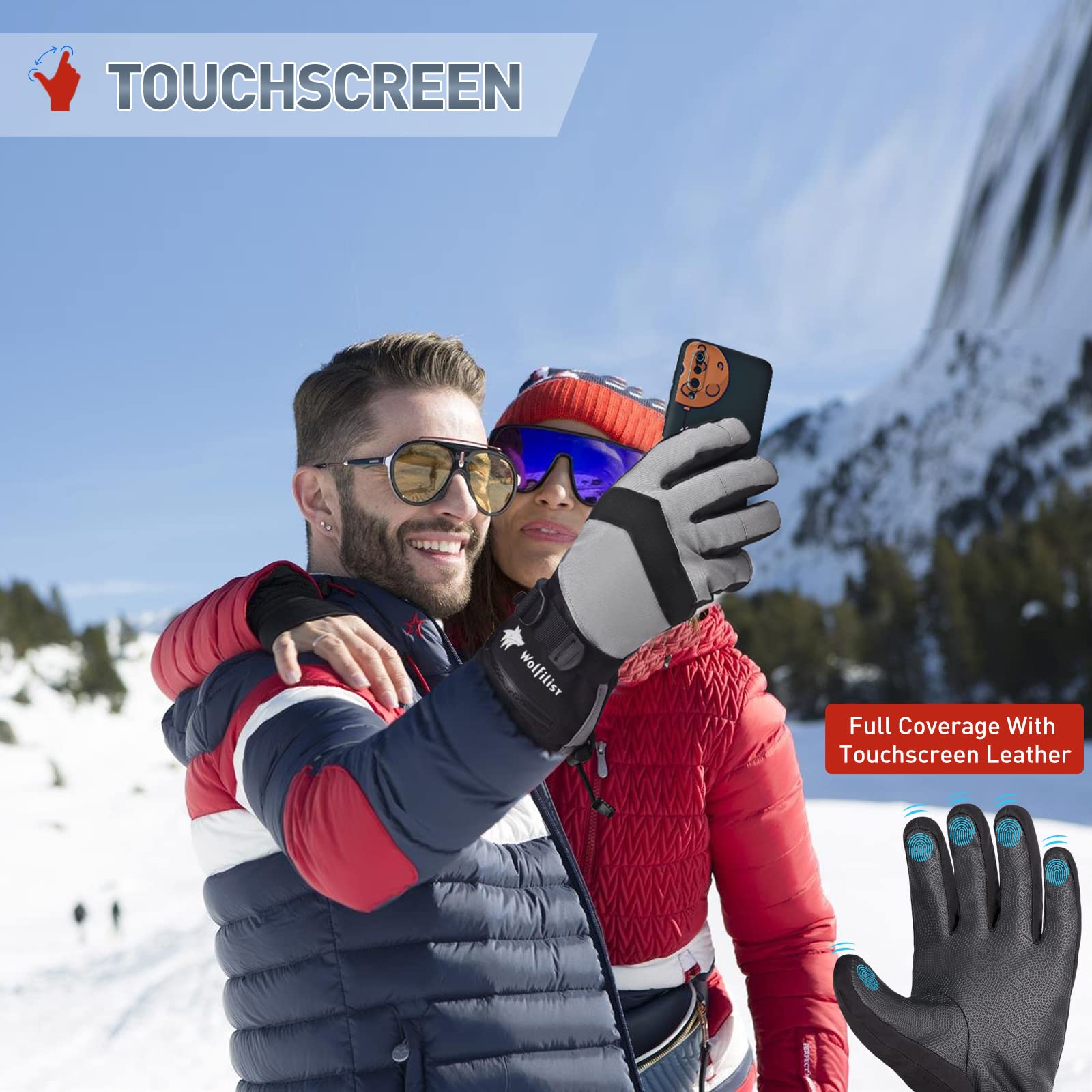 WOLFILIST Guanti da sci impermeabili antivento – 3M Thinsulate Guanti da neve caldi isolati, guanti da snowboard con tasca con cerniera, guanti invernali per touchscreen per uomo e donna