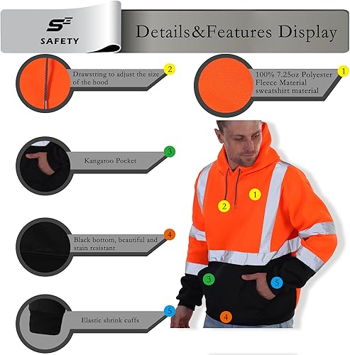 Miniatura 57 de sesafety Sudadera de seguridad de alta visibilidad para hombre, sudadera con capucha reflectante con cremallera clase 3, sudadera con capucha