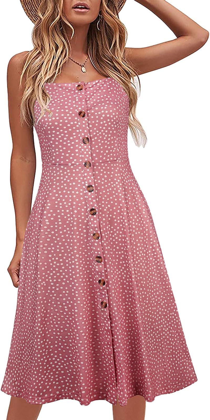 Women's Casual Beach Summer Dresses 2026 Solid Cotton Flattering A-Line Spaghetti Strap Button Down Midi Sundress