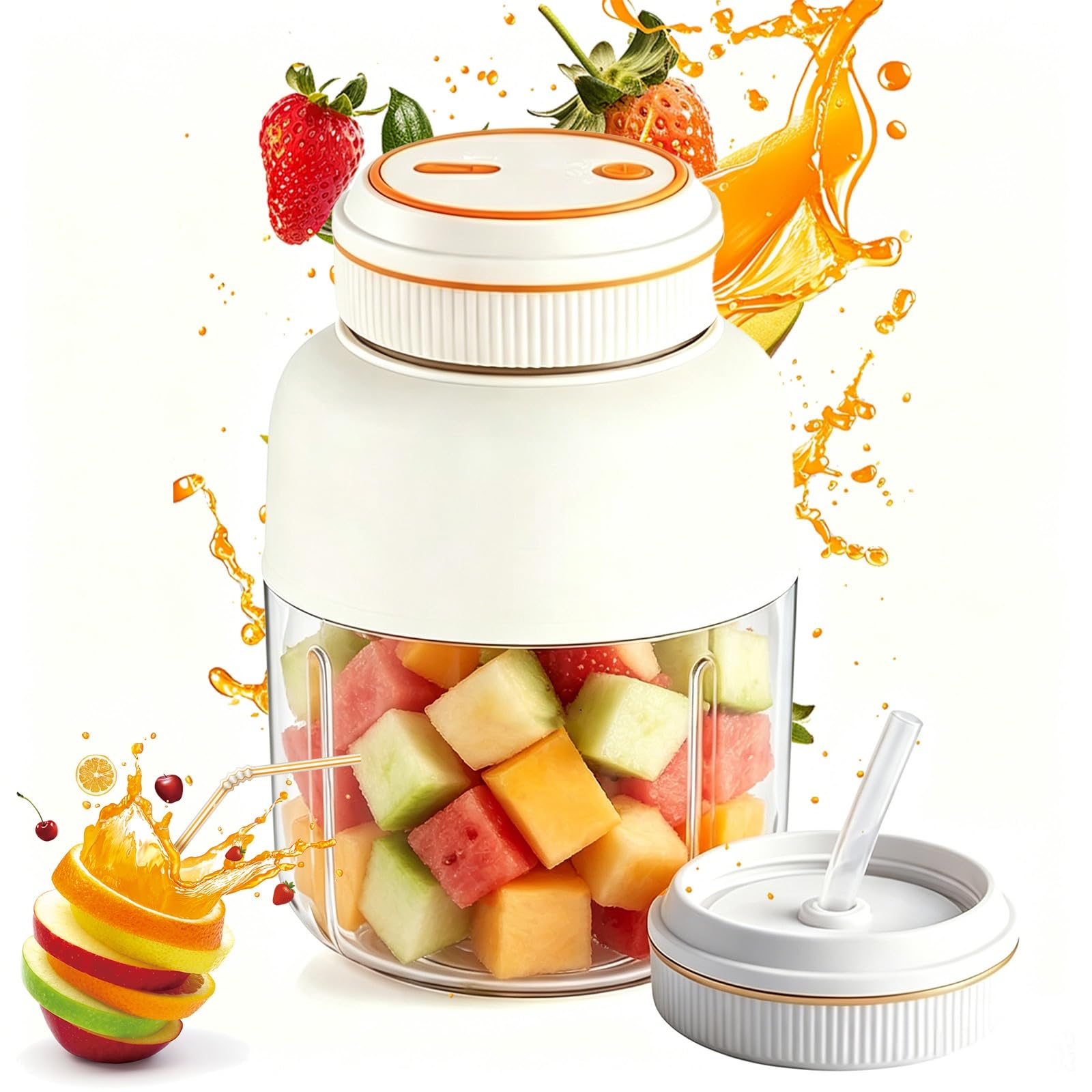 Portable Wireless Juicer Cup,USB Rechargeable Cordless Juicer Bottle with Straw & Lids, Mini Personal Electric Juicer Blender for Fresh Juice, Shakes, Camping, Office, Gym (800ml,Beige)