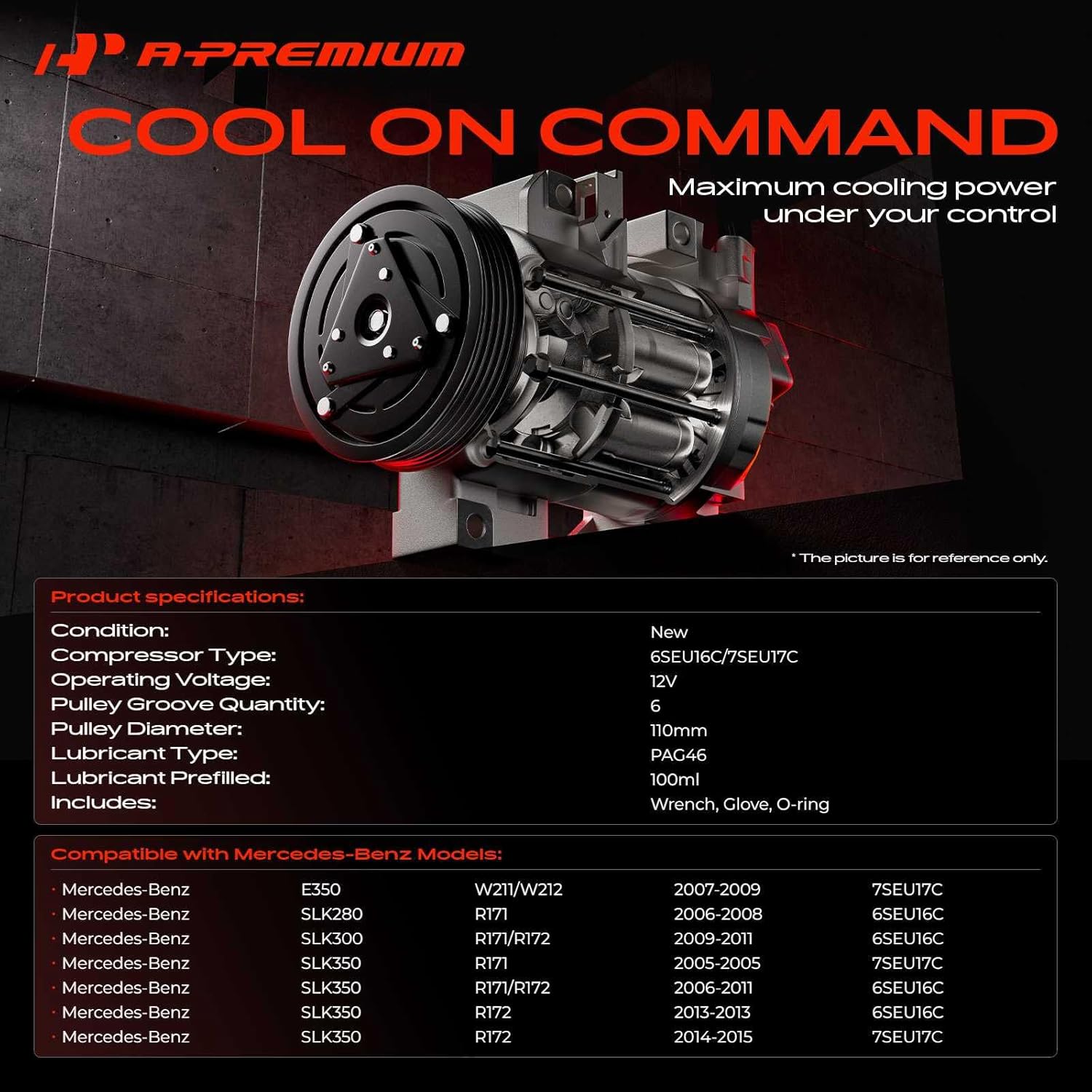 A-Premium Air Conditioner AC Compressor with Clutch Compatible with Mercedes-Benz E350 2007-2009, SLK280 2006-2008, SLK300 2009-2011, SLK350 2005-2011/2013-2015