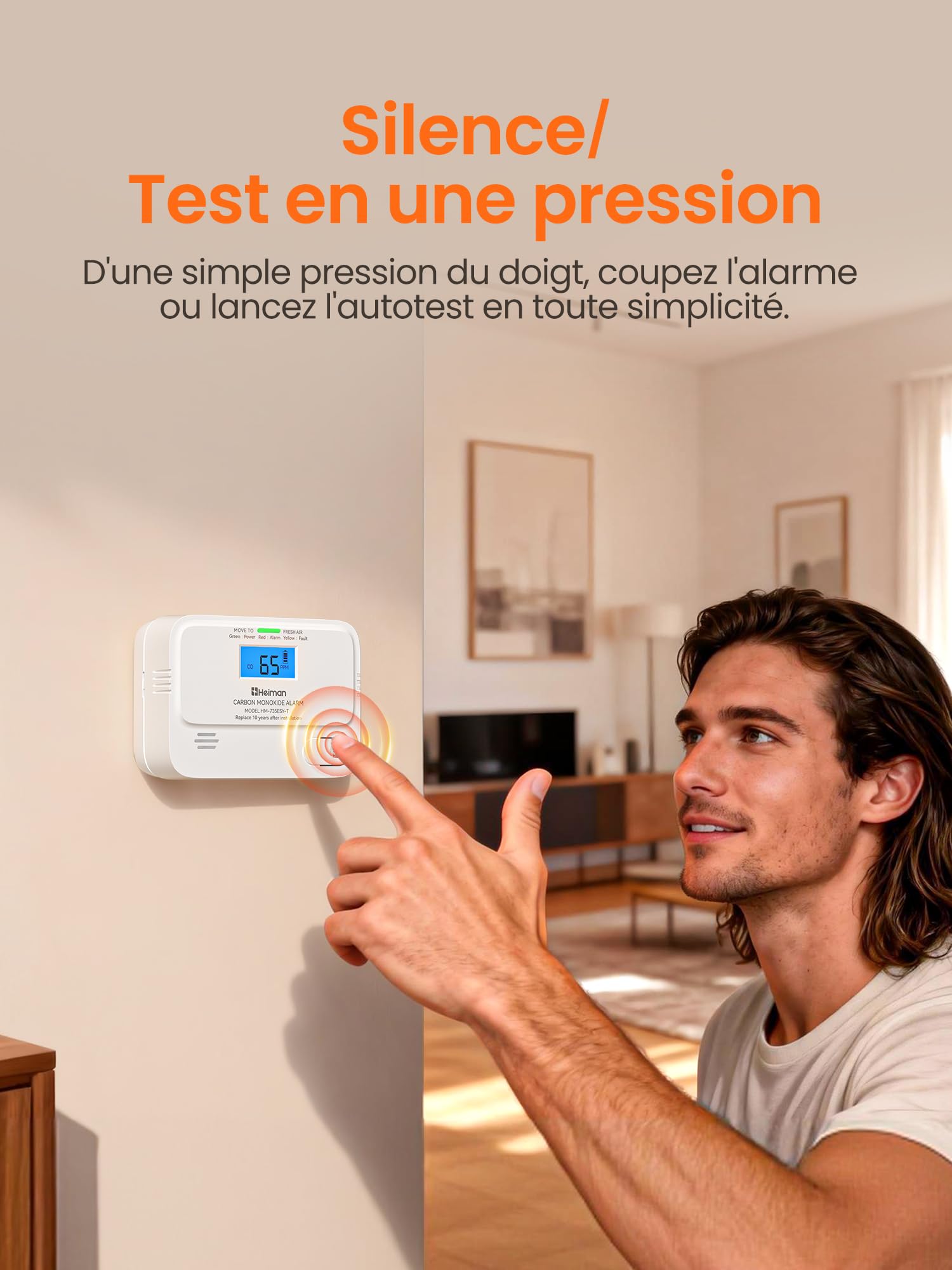 Heiman Détecteur de Monoxyde de Carbone, Certifié en 50291, Détecteur de CO avec Pile Remplaçable de 10 Ans, Écran LCD Digital et Capteur Électrochimique Haute Précision, Bouton de Test/Silence