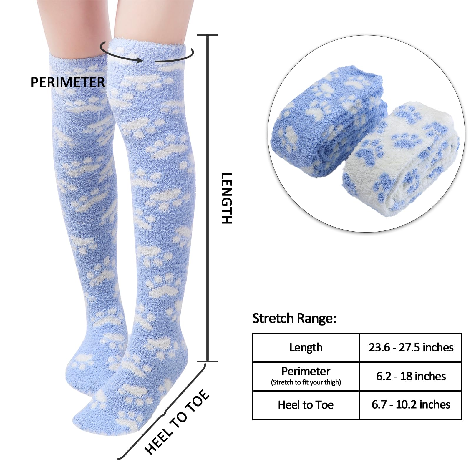 Littleforbig Cute Coral Fleece Thigh High Long Paws Pattern Socks 2 Pairs: Large Blue