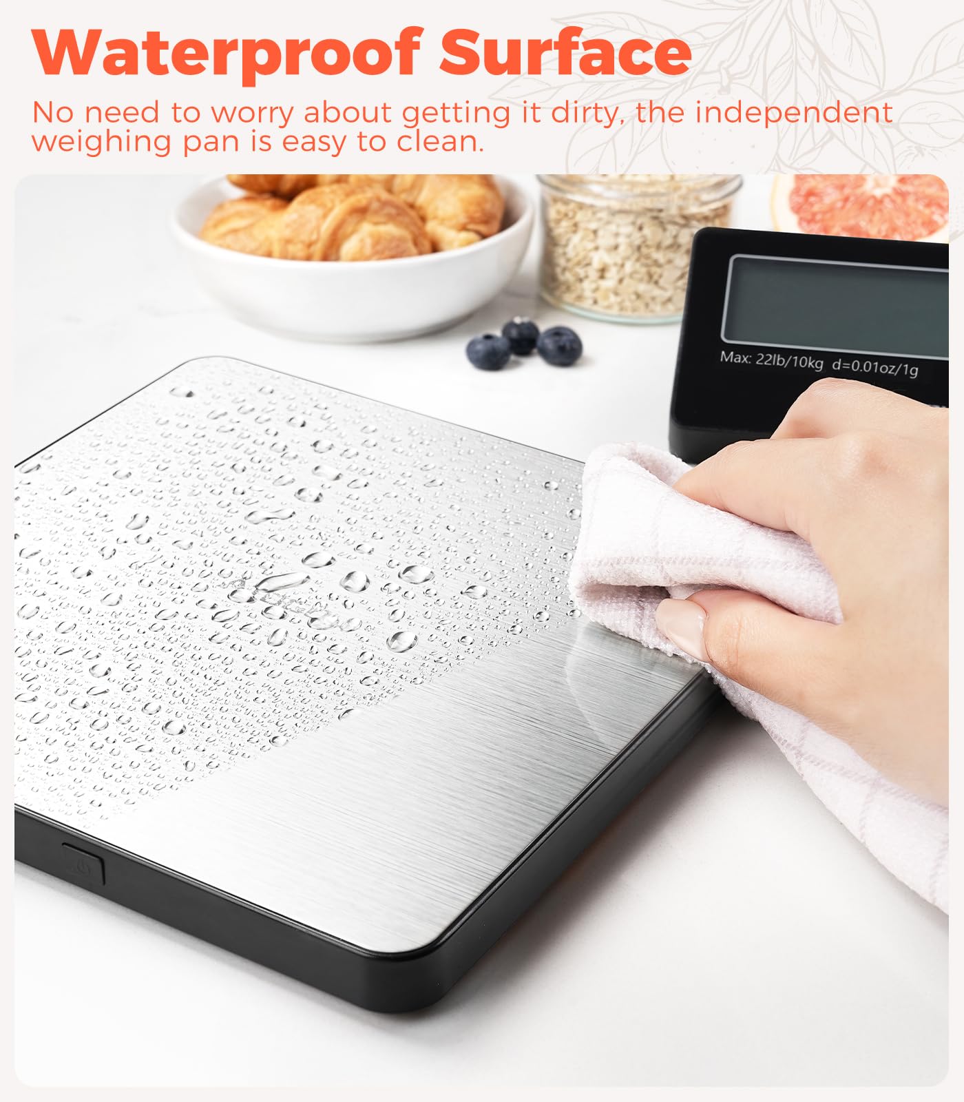 Atogou Báscula de cocina inalámbrica, 22 lb/10 kg con pantalla desmontable y plataforma más grande, 0.01oz/1g, 9 unidades, función de conteo, acero inoxidable, para cocinar, hornear, envío, plateado
