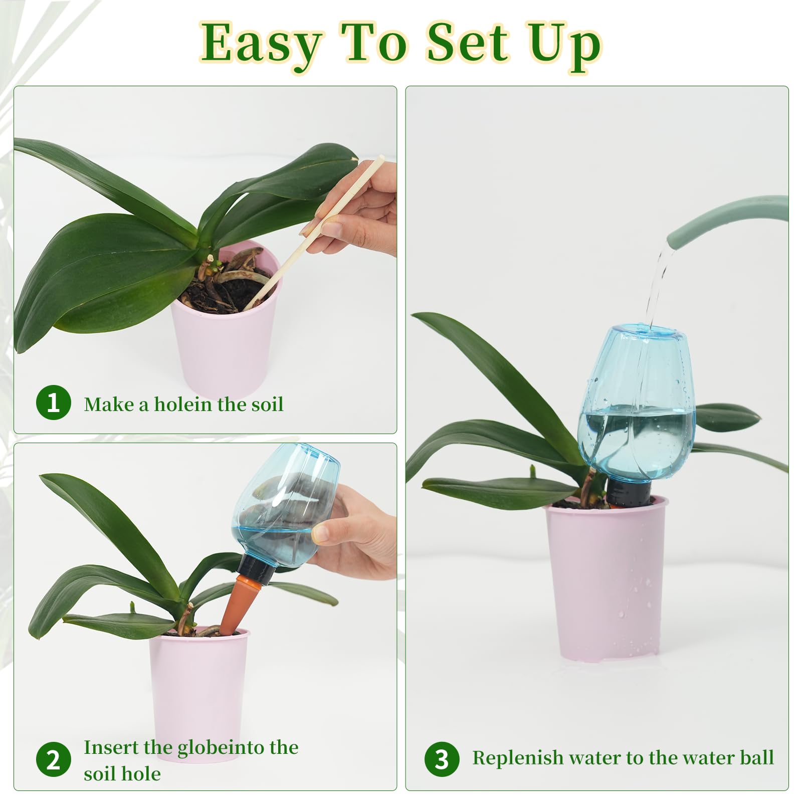 Lot de 3 globes d'arrosage automatique pour plantes, ampoules d'eau en plastique, système d'arrosage des plantes, terre cuite à libération lente, piquets pour intérieur (bleu)
