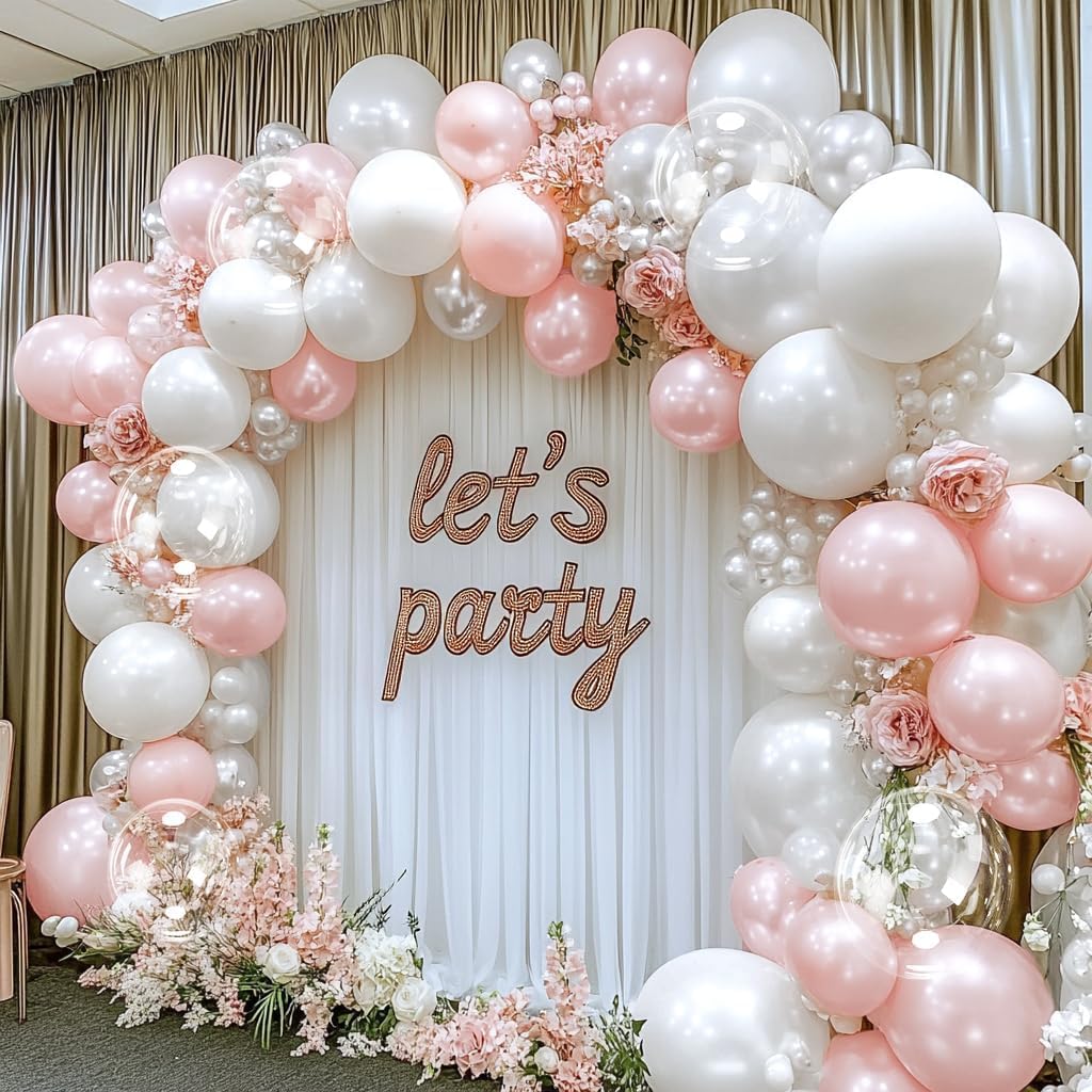 Pearl Pink White Balloon Garland Double Stuffed Baby Pink White Balloon Arch Kit Different Sizes With Clear Bobo Balloon for Birthday Baby Shower Anniversary Wedding Party decor