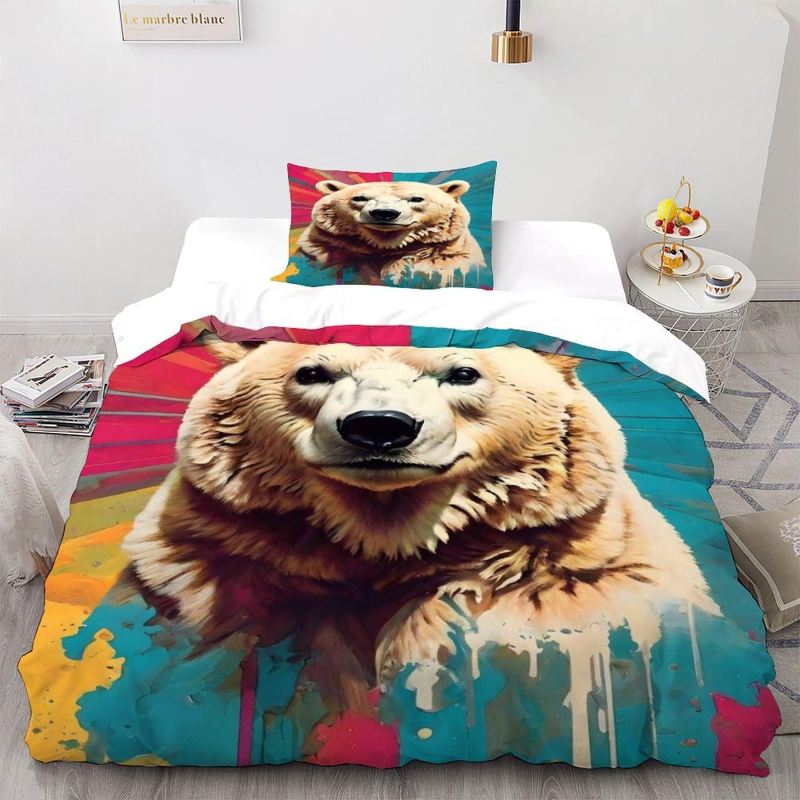 Housse de couette ours 3D 2 pièces ensemble literie microfibre adulte 135x200cm