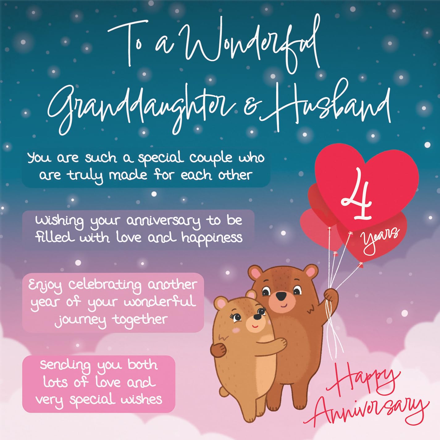 Hunts England, Granddaughter And Husband 4th Anniversary Card, Starry Night, Cute Bears - Image 2