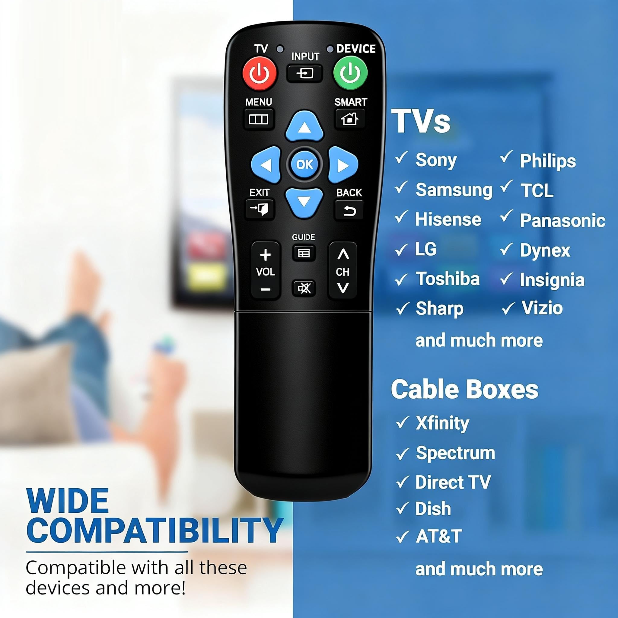 Big Button - Telecomando universale per anziani, demenza, funziona sia TV che TV & via cavo (STB) – per Spectrum, Xfinity, Samsung, Vizio, LG con cover scorrevole