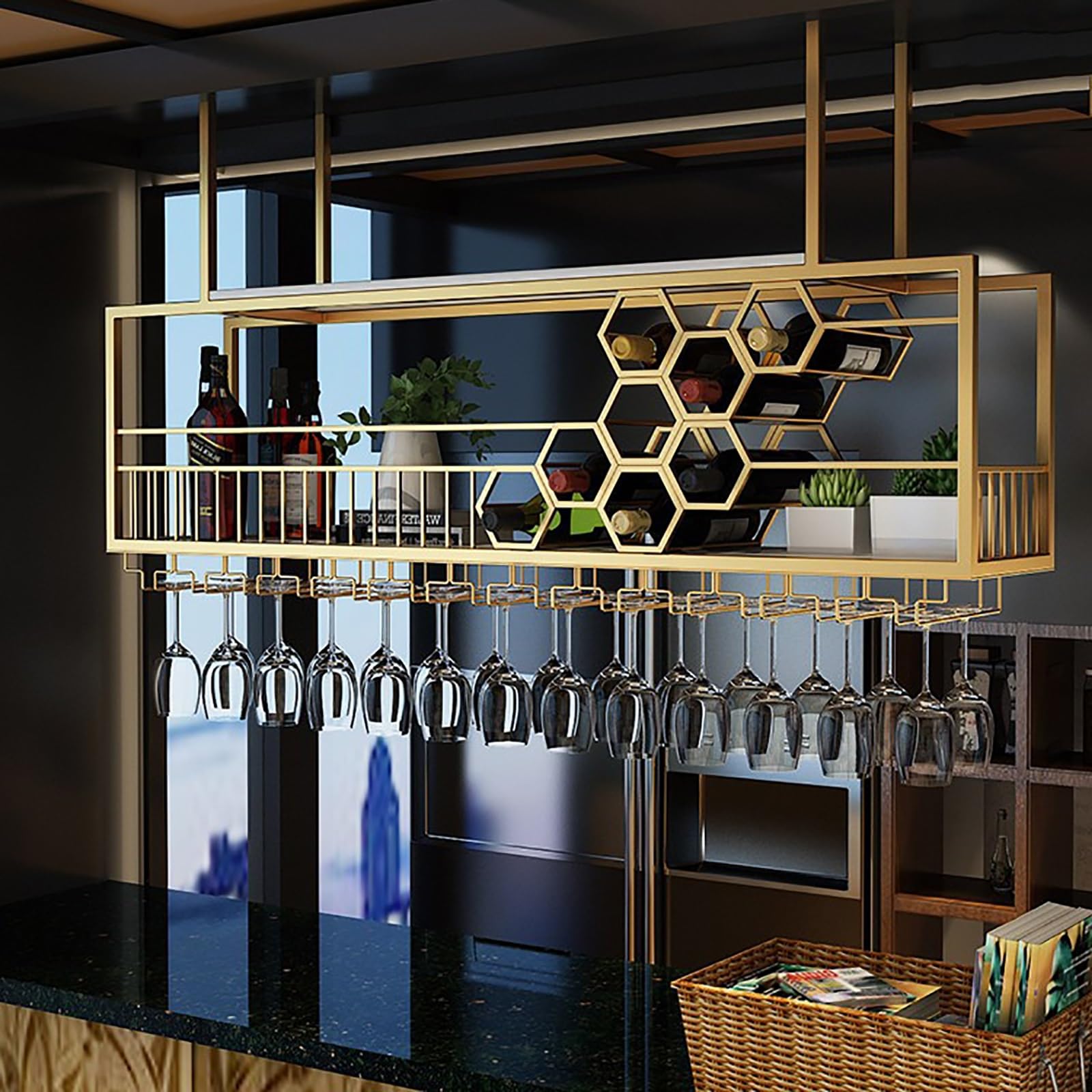 Étagères flottantes pour bar en métal noir avec support de verre intégré