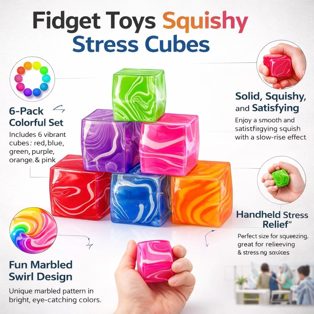 Adouiry 6 Pack Squishy Stress Cube - Square Fidget Sensory Slow Rising Toys for ADHD - Jelly Cubes Gel Filled - Swirl Nice Cube - Marble Glitter Stress Toy for Adults