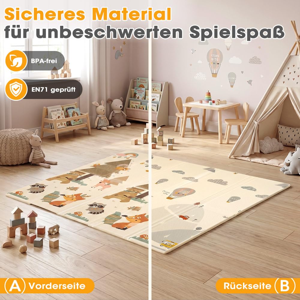 PlayPals Krabbelmatte für Babys, Baby Spielmatte, Krabbeldecke Baby, 2 cm Dicke Spielmatte, Beidseitig Verwendbar, Faltbar, Wasserdicht, Rutschfest, 200x180 cm, mit Aufbewahrungstasche, Wald | Krabbeldecke Extra Groß und Dick, Faltbar, Wasserdicht, Rutsch