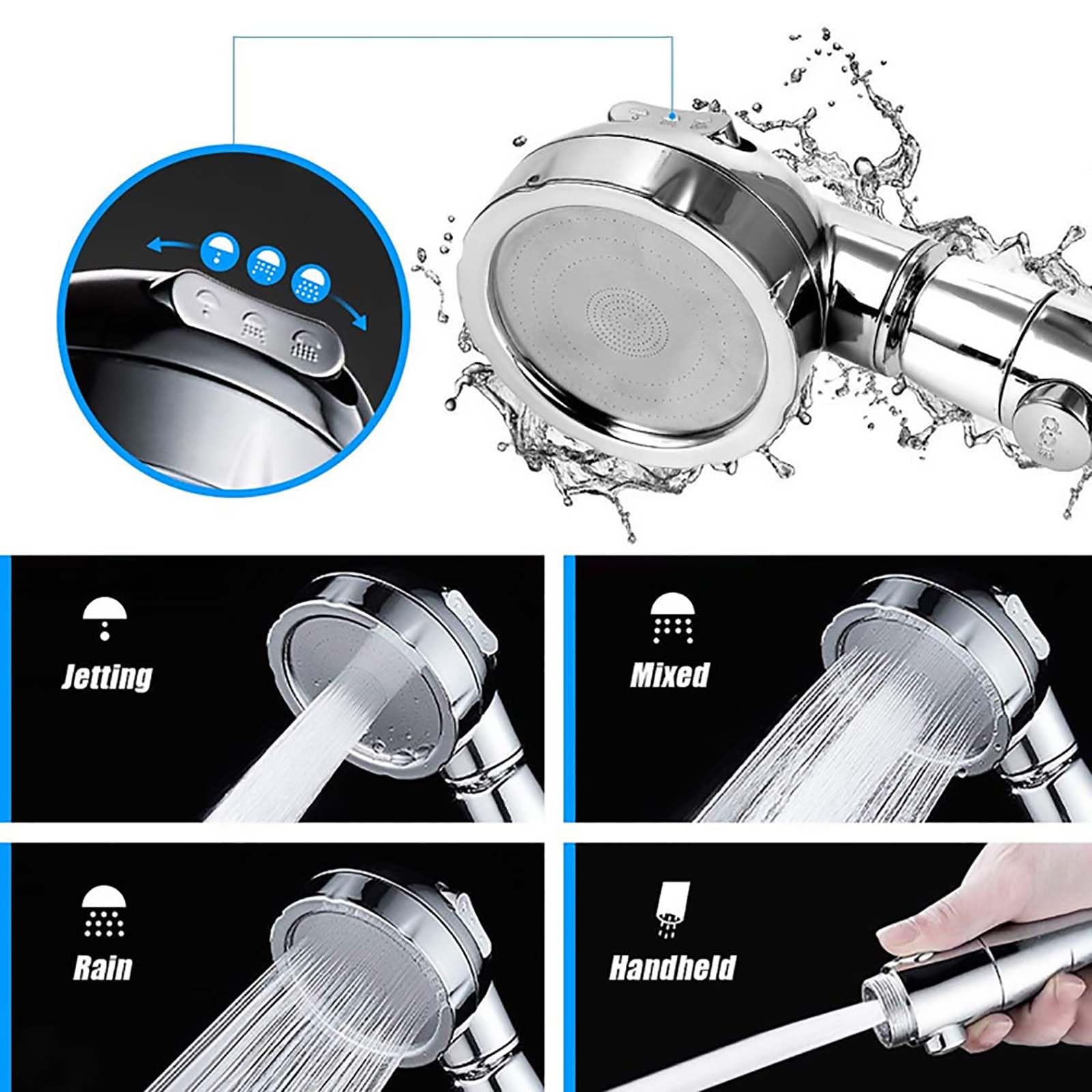 HAILM Pommeau Douche Pression 4 Modes, avec Interrupteur on/Off, Tuyau Acier Inoxydable Extra Long 6,6ft et Support Douche, pour Bains/Bateaux/Camping-Car/Salons Coiffure