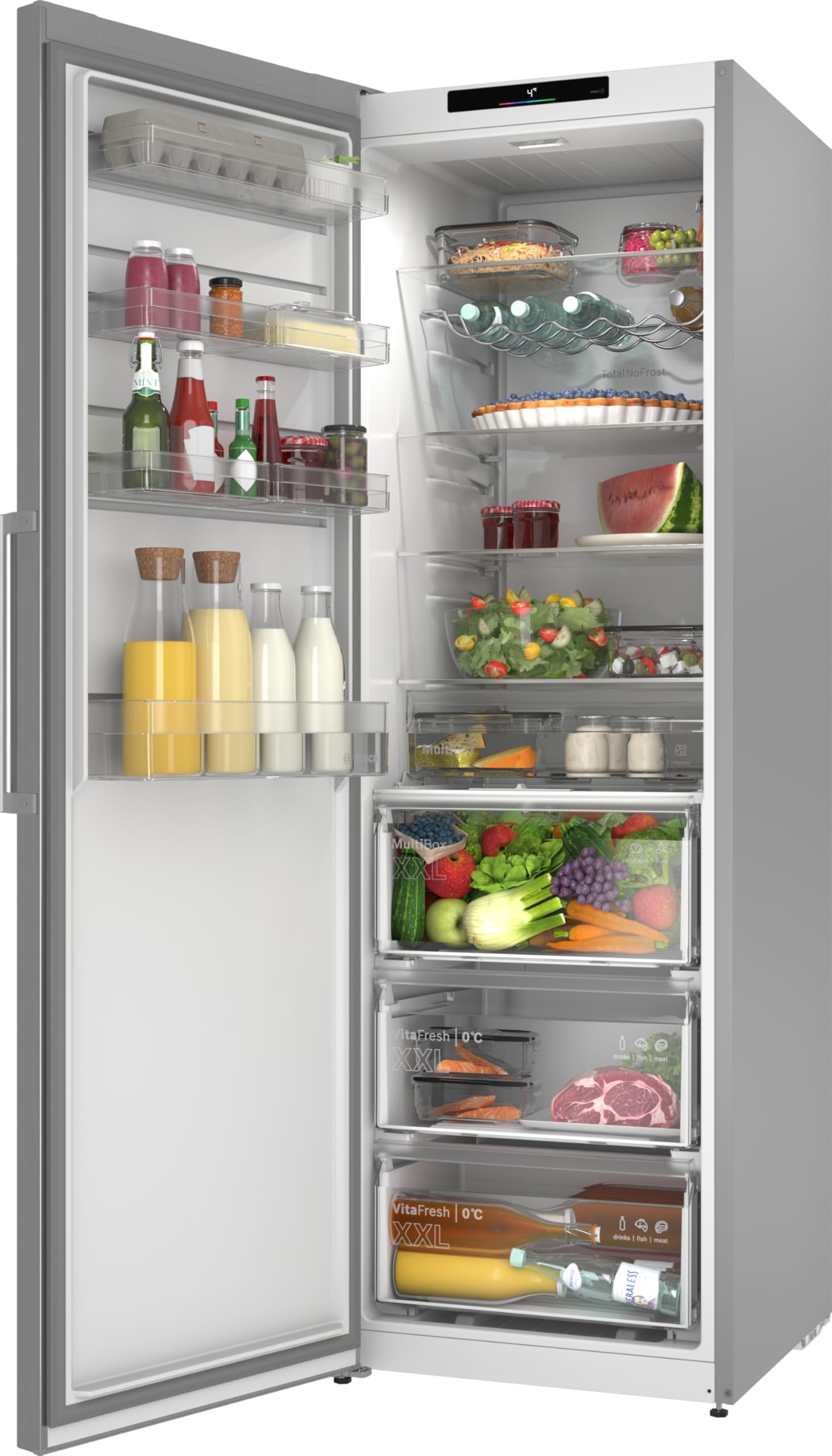 Bosch Seria 4 lodówka wolnostojąca 186,2 x 59,5 cm, KSN36VLDG, pojemność użytkowa 402 l, Total No Frost, VitaFresh XXL 0°C, MultiAirflow zapewnia równomierne chłodzenie, Home Connect, wygląd metalu
