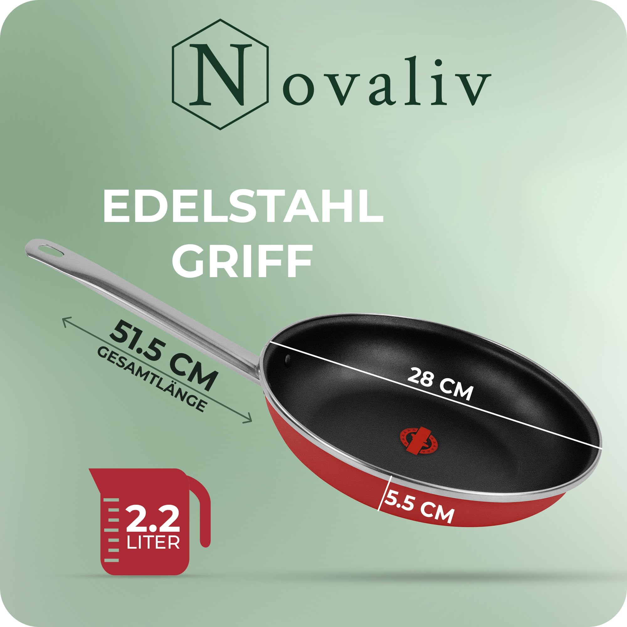 Novaliv Patelnia energooszczędna 28 cm, oszczędność do 40% – stal emaliowana, powłoka nieprzywierająca, bardzo łatwa do czyszczenia, czerwona, patelnia do wszystkich rodzajów kuchenek, nadaje się do