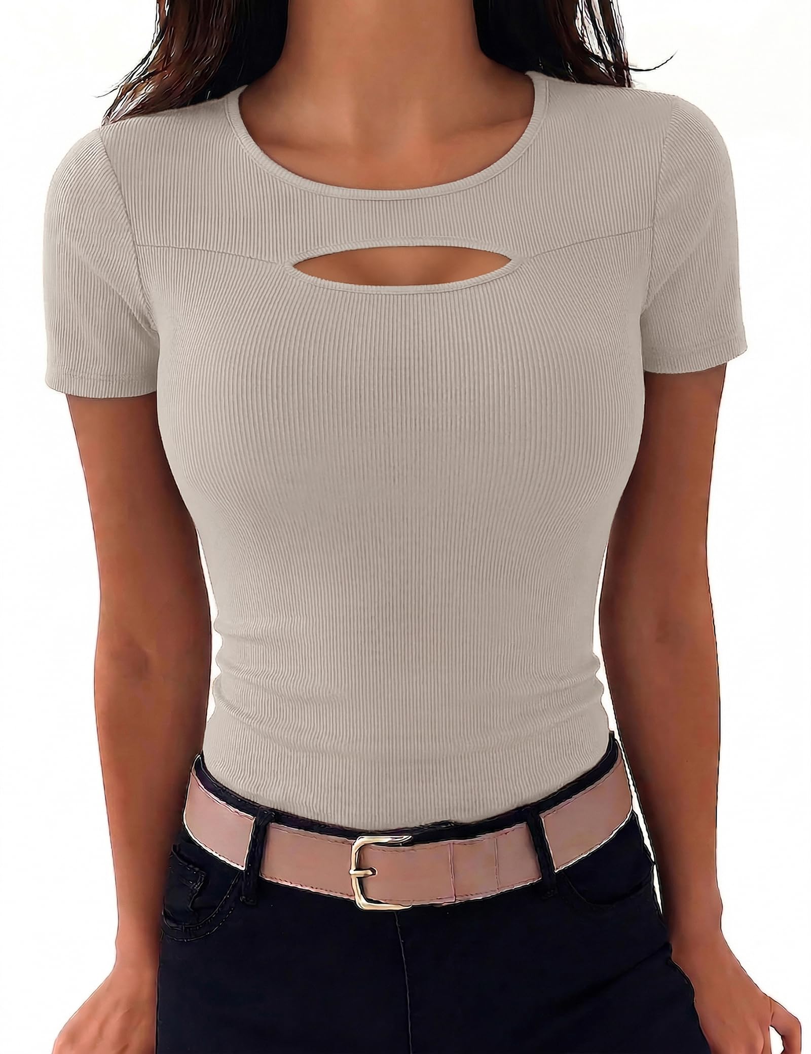 Aottori T-Shirt Damen Rundhals Sommer Oberteile Kurzarm Cut Out Gerippt Basic Tee Shirts Elegant Slim Fit Tshirt Stretch Casual Tops Einfarbig