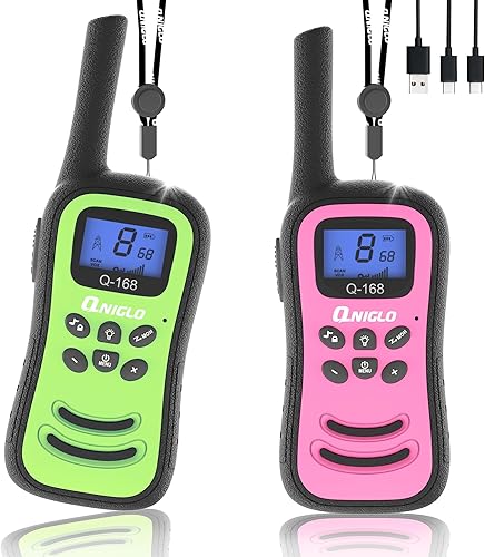 QNIGLO Walkie Talkies recargables, paquete de 2 walkie talkies para niños, radios de 2 vías para niños, juegos de campamento al aire libre, juguetes