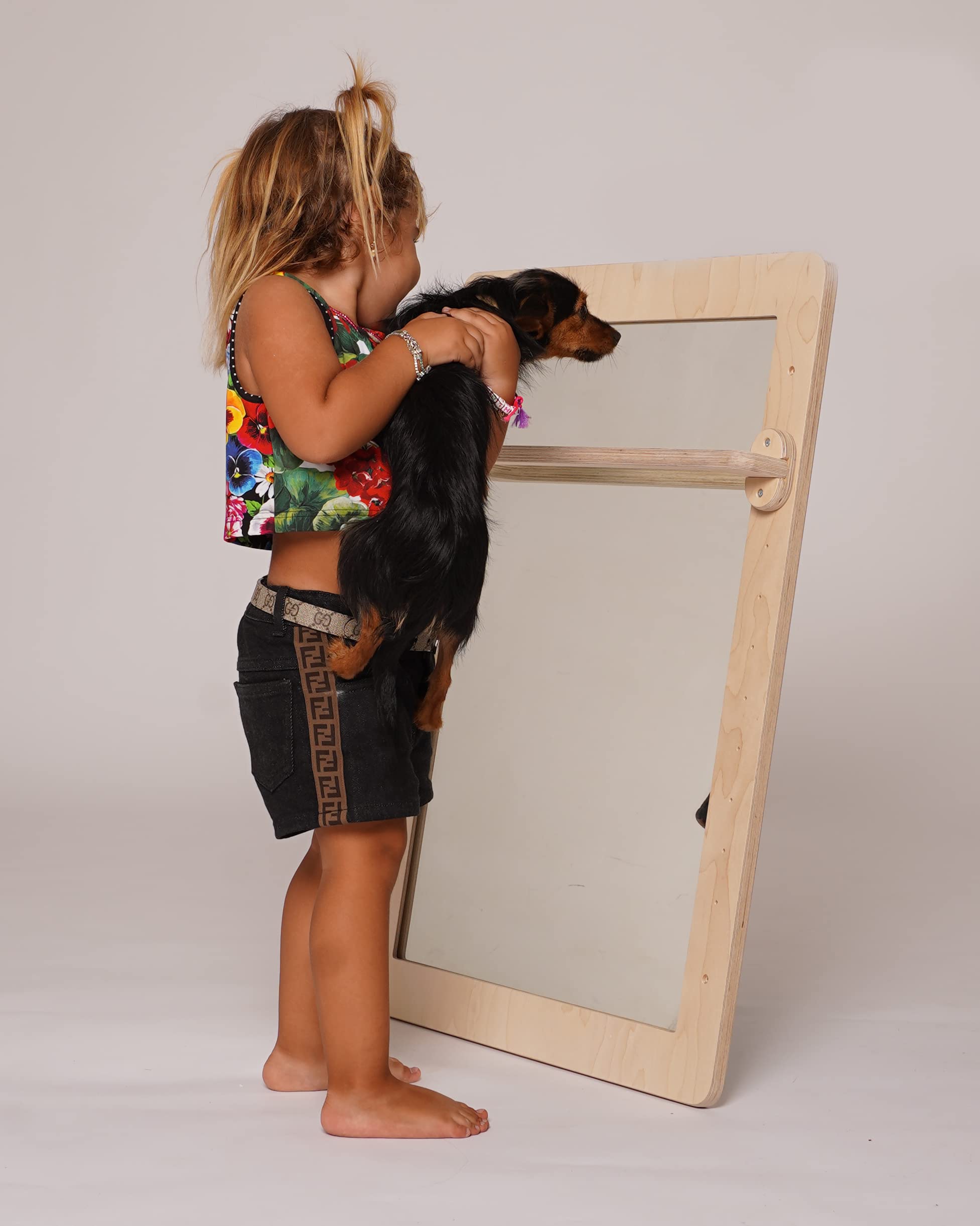 Specchio con Asta di Supporto Montessori (H80xL60CM, Legno Naturale)