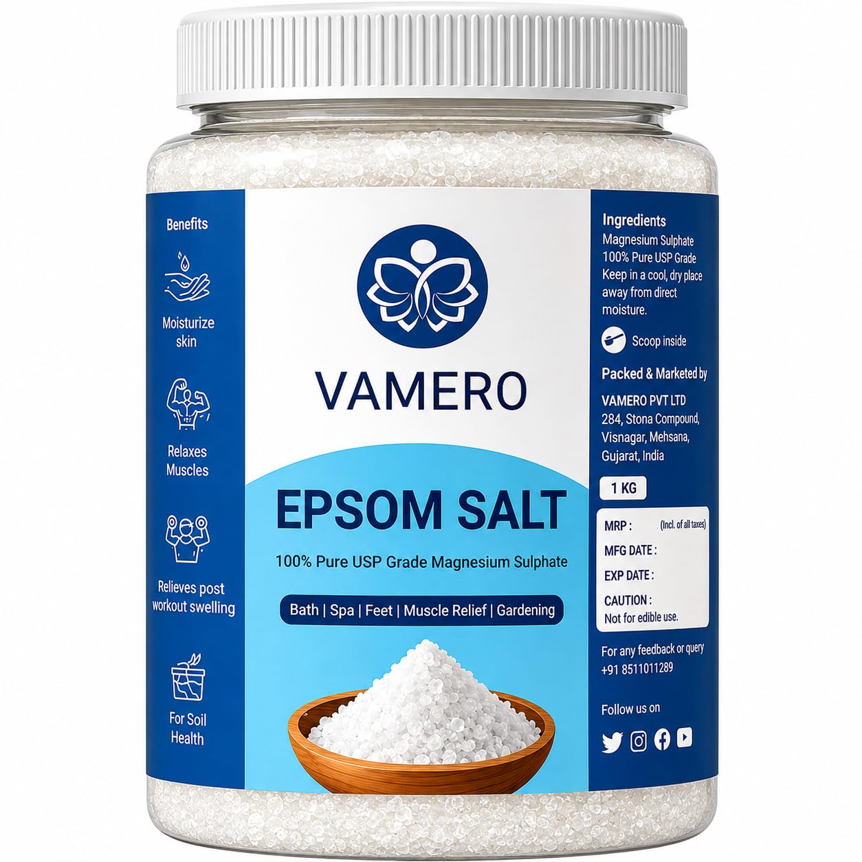 VAMERO Epsom Salt - Epsom salt for Foot, Epsom salt for Feet, Pain Relief, Magnesium Sulphate, USP Graded 100% Pure, Plants Growth, Organic Fertilizer, Muscle Relief, FREE SCOOP, 1.8kg, Pack of 2-image-39