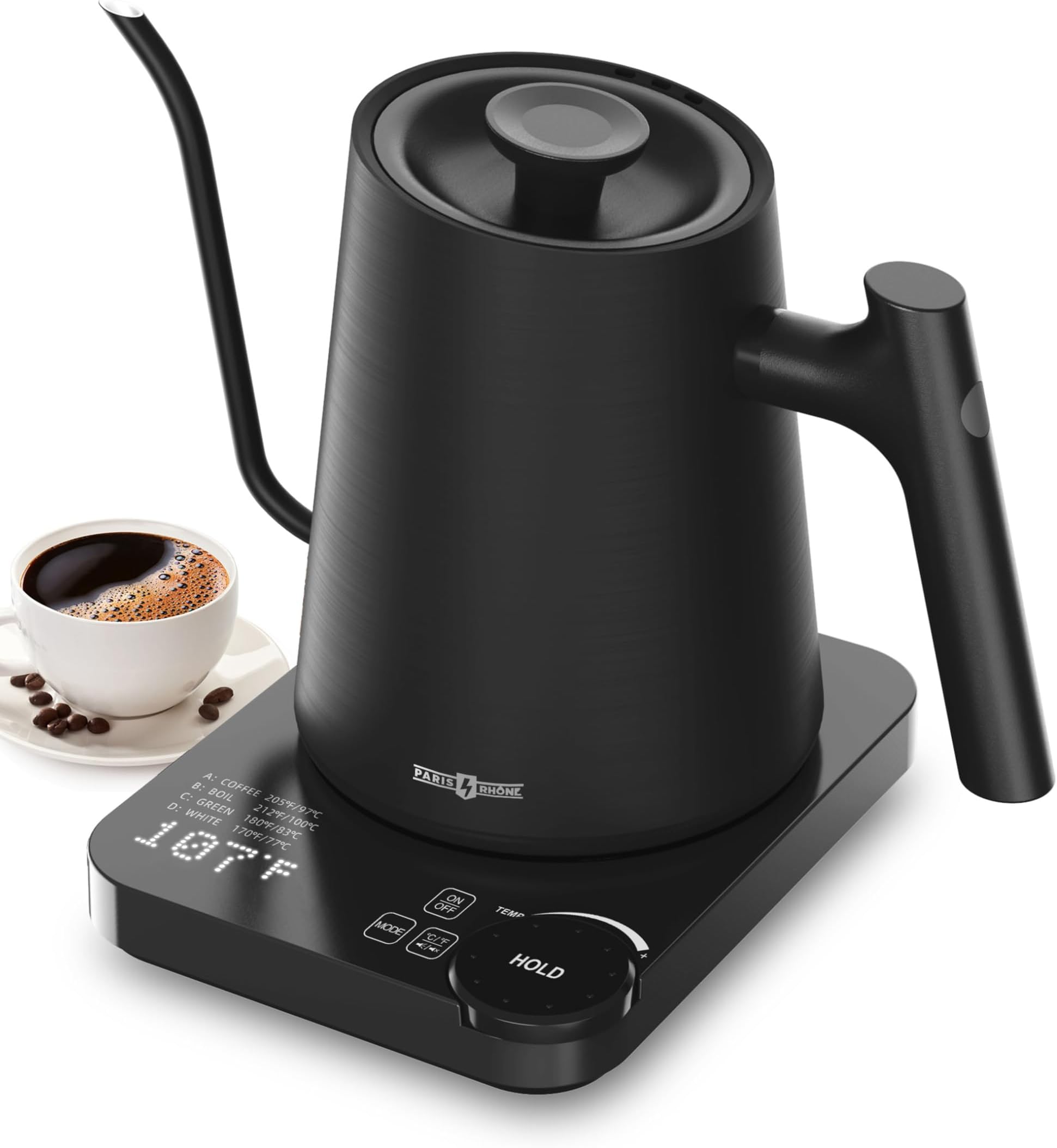 Gooseneck Electric Kettle, Paris Rhône Electric Kettle with 4 Variable Presets, ±1℉ Temperature Control & LED Real-time Temperature Display, Stainless Steel Inner, 24H Keep Warm for Coffee, Tea, 0.9L