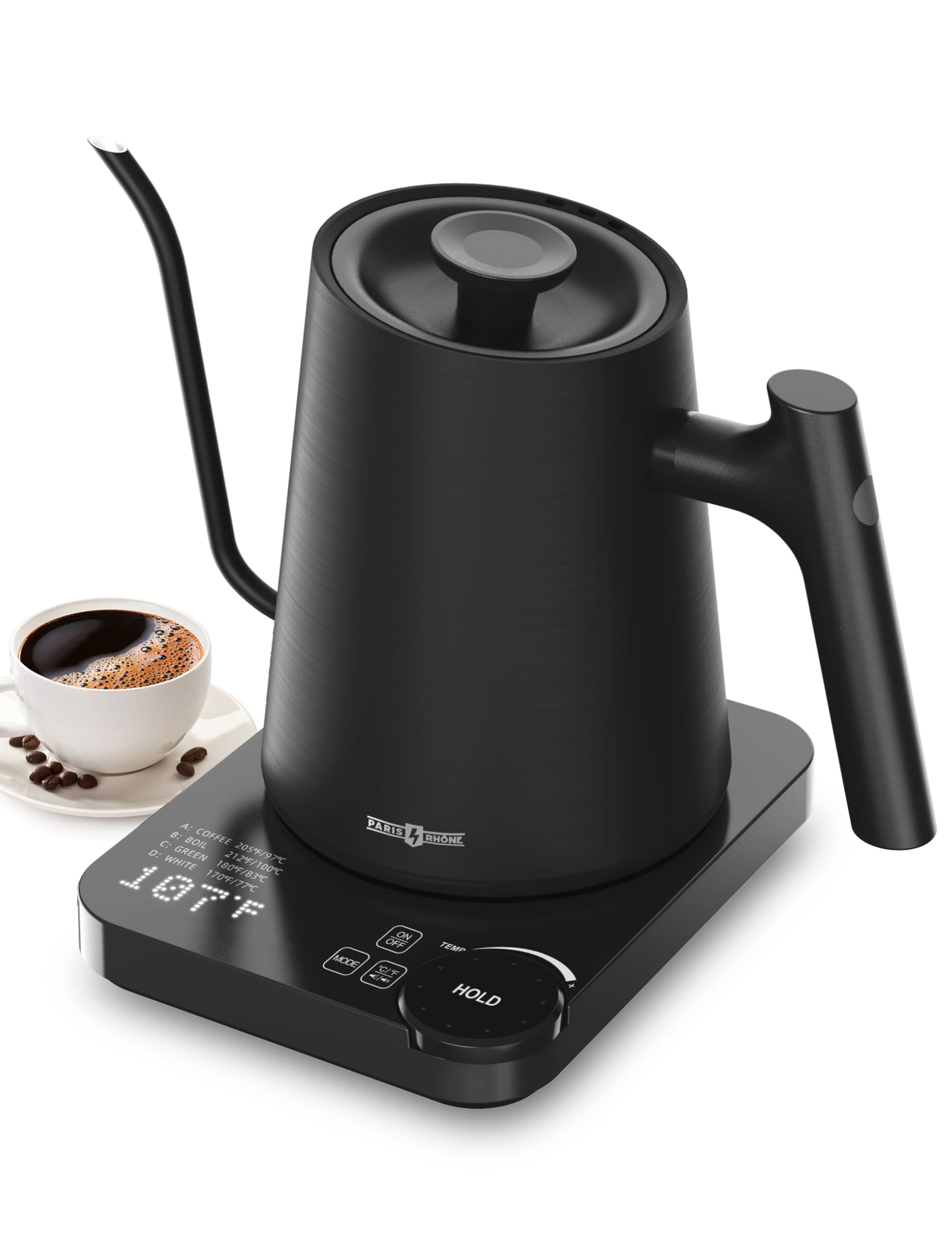 Gooseneck Electric Kettle, Paris Rhône Electric Kettle with 4 Variable Presets, ±1℉ Temperature Control & LED Real-time Temperature Display, Stainless Steel Inner, 24H Keep Warm for Coffee, Tea, 0.9L
