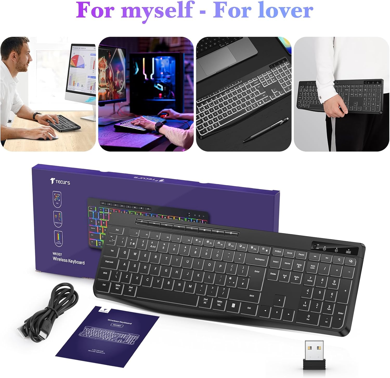 TECURS Wireless Backlit Keyboard package contents including keyboard, USB receiver, charging cable, and manual.