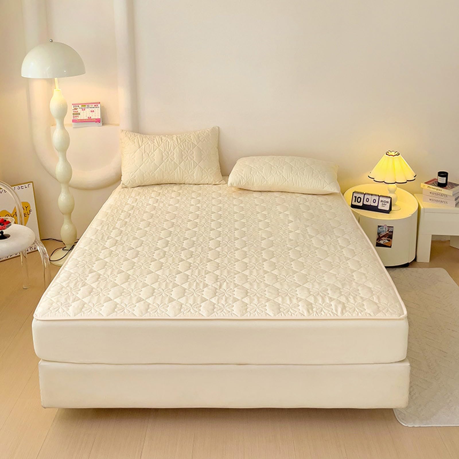 Wasserdichter Matratzenschoner mit 2 Kissenbezügen,Gesteppter Matratzenschoner Atmungsaktiv,Rundum 360° Matratzenauflage Geräuschlos,Maschinenwaschbar(Beige,120x200cm)