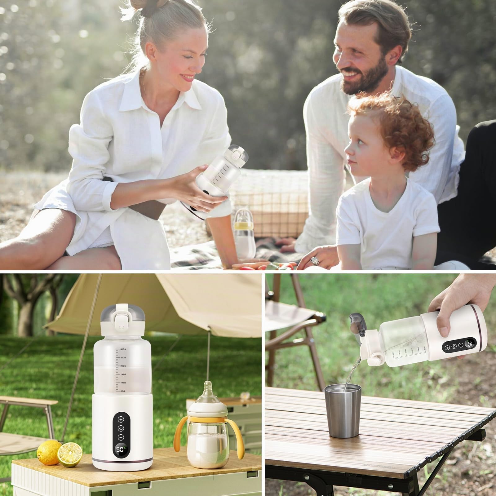 QCXWCJWD Chauffe Biberon Nomade Portable Température Réglable 37 à 55°C, 300ml Chauffe de Lait avec Ecran LCD, Chauffe biberon sans BPA pour Voyage Promenades Voiture, Blanc