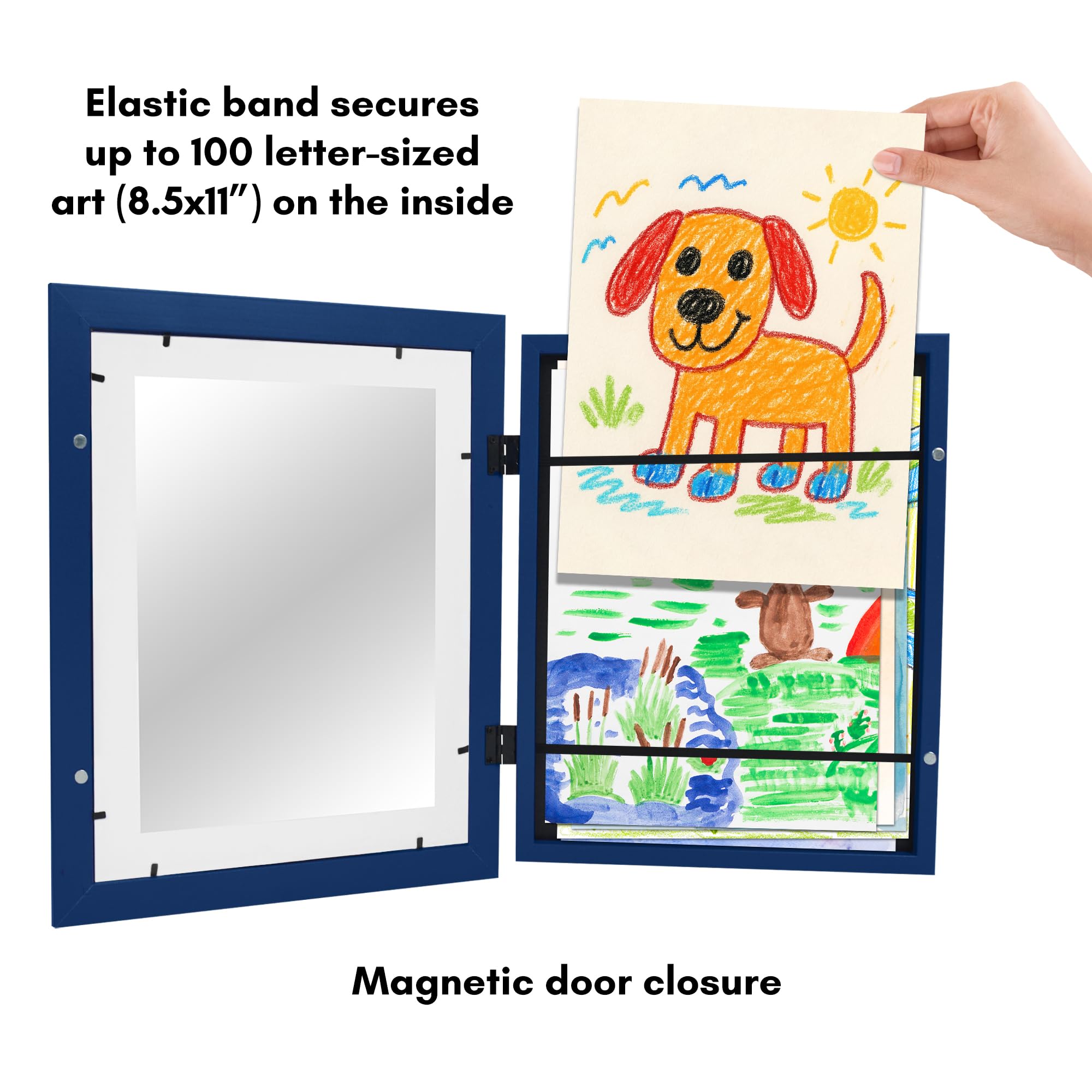Americanflat My Mini Masterpiece Cadre photo pour enfants de 25,4 x 31,8 cm à chargement frontal – Peut contenir 100 œuvres d'art – Bleu marine