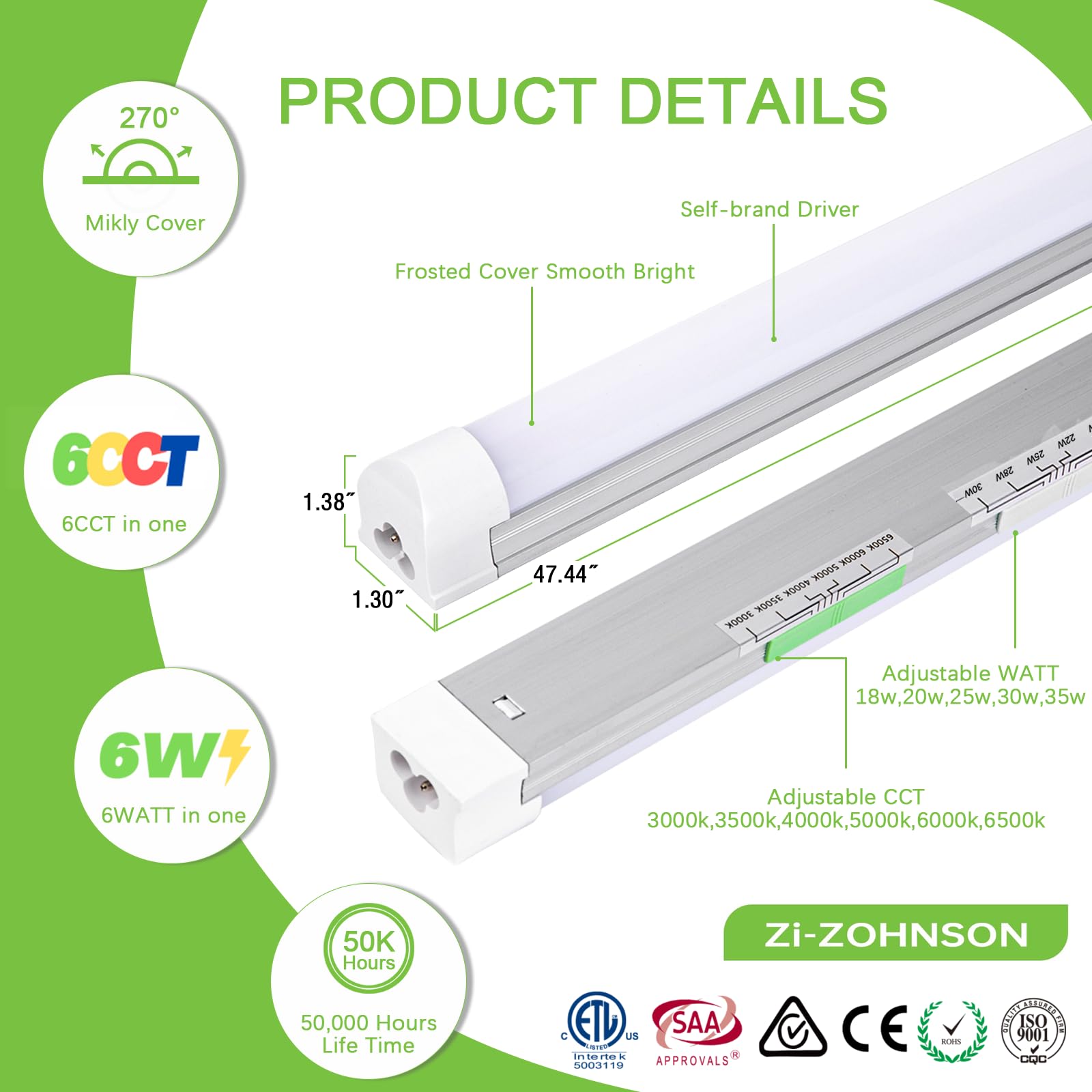 6 Pack 4FT LED Shop Lights for Garage Ceiling 30W 4500LM 3000-6500K Tunable T8 Tubes Lights Daylight White — view 3