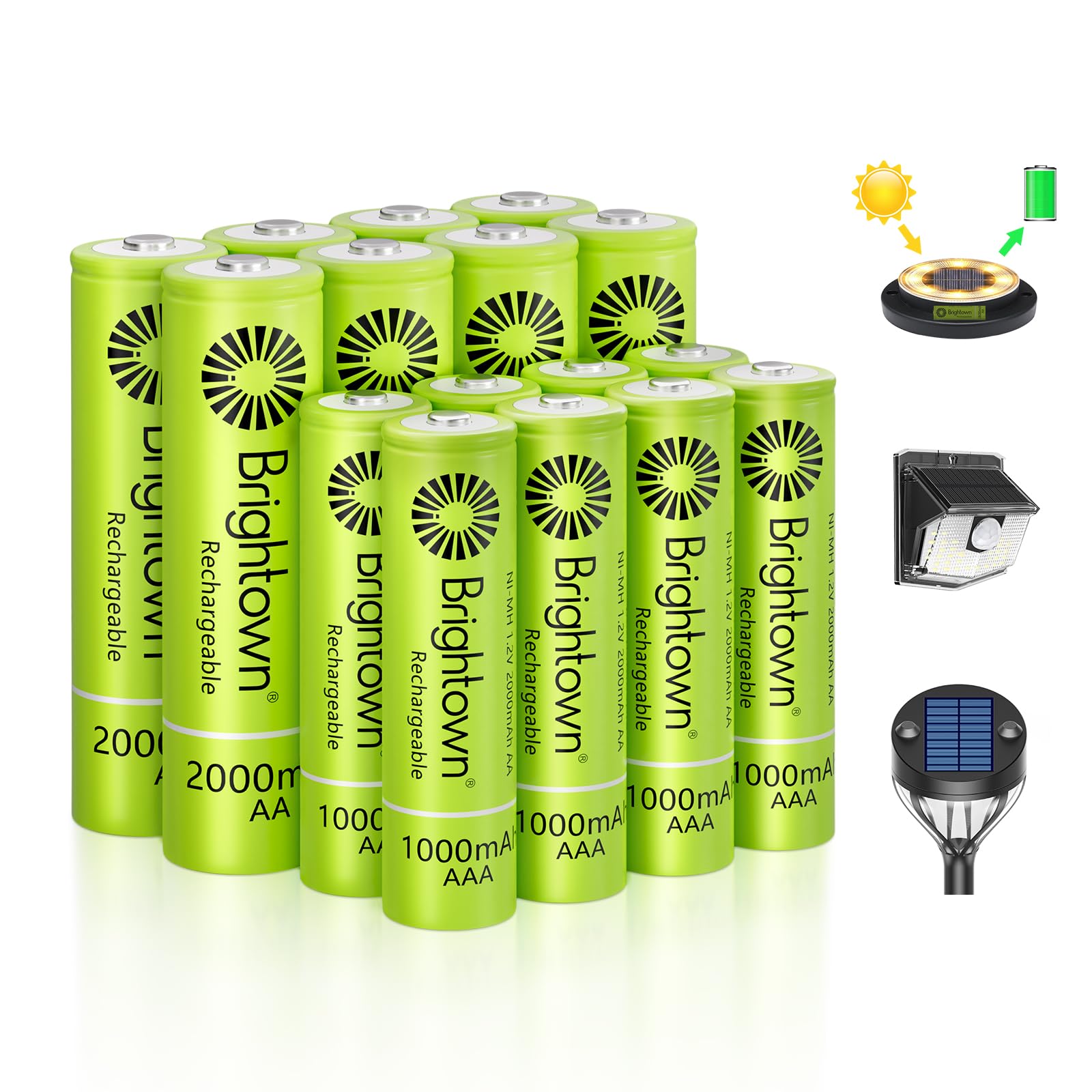 Brightown 8 Pack AA 2000mAh and 8 Pack AAA 1000mAh Rechargeable Batteries Combo - 1.2V NiMH High Capacity Battery - Ideal for Solar Lights & Home Devices, Recharge up to 1000x Times, Pre-Charged