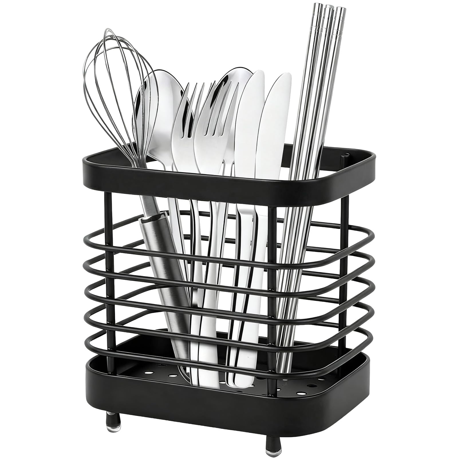 CeruleTree Stainless Steel Sink Caddy Cutlery Drainer, Anti-Rust Kitchen Utensil Holder, Space Saving Premium Cutlery Holder Drainer, Cutlery Organiser for Knives, Forks and Spoons(Black)
