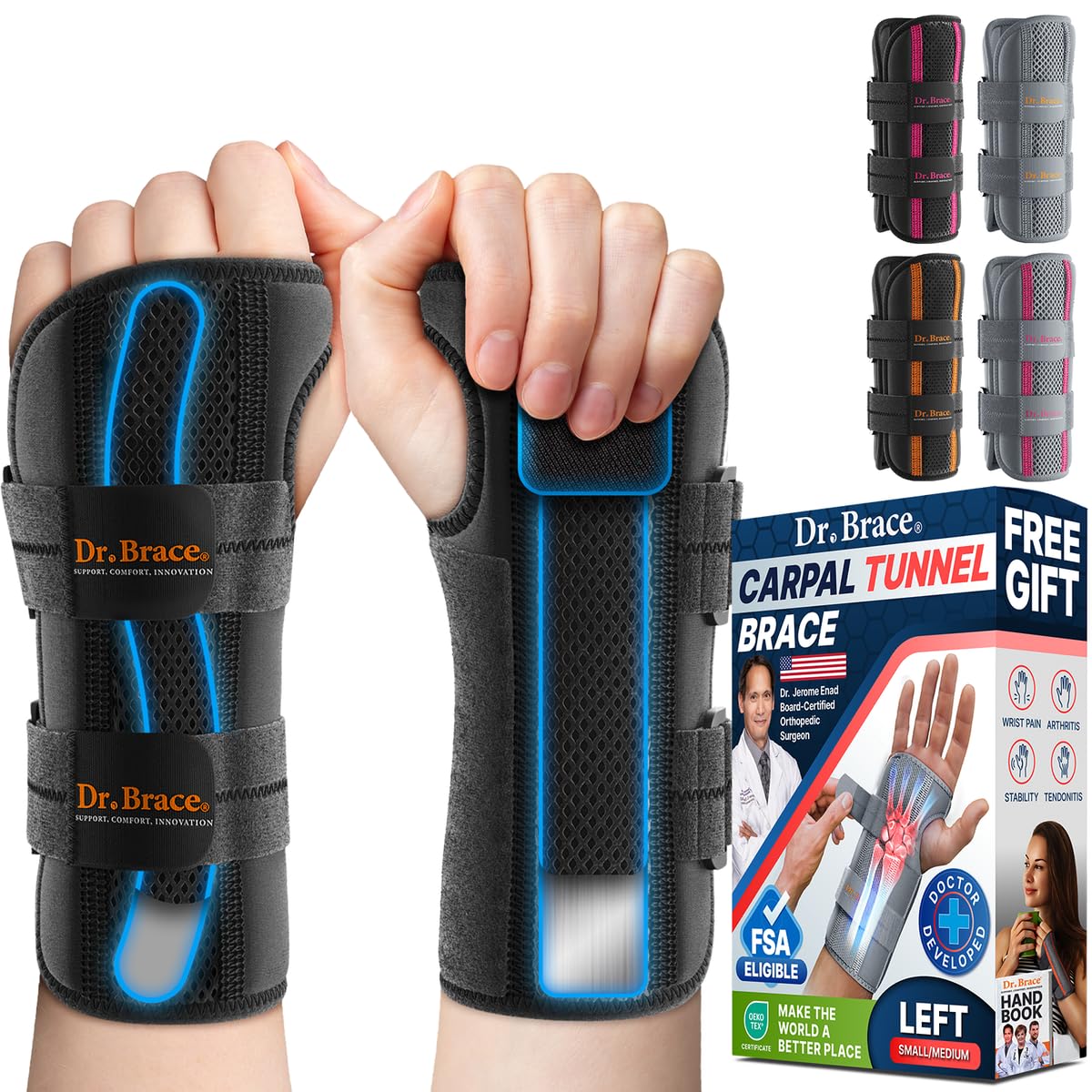 DR. BRACE Adjustable Wrist Brace Night Support for Carpal Tunnel, Doctor Developed, Upgraded with Double Splint & Therapeutic Cushion,Hand Brace for