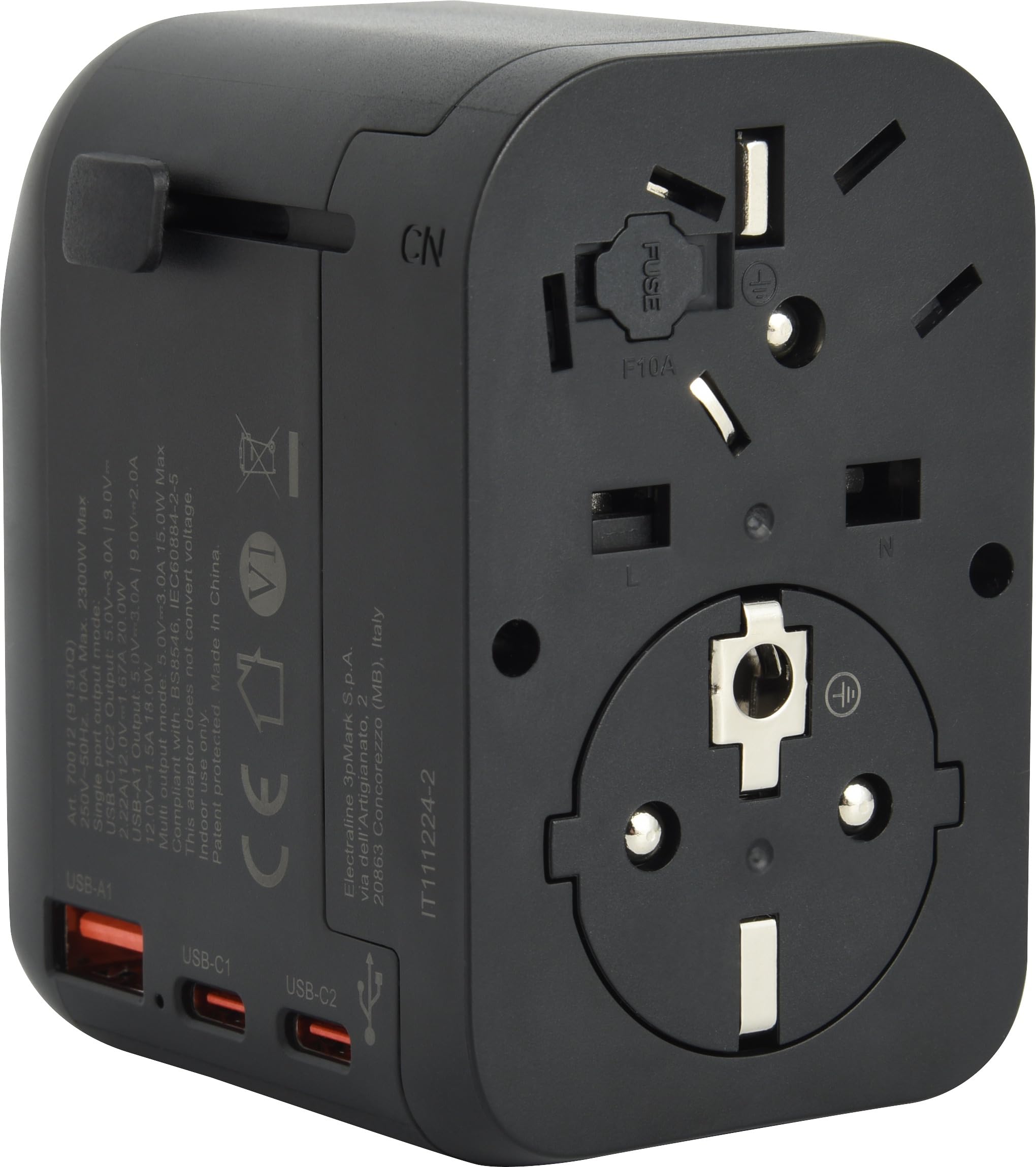 Electraline 70012 Adattatore Universale da viaggio da Europa (presa tipo C, E, F) a Mondo (Spina tipo B, G, I, F, E) con 3 USB (2 USB-C PD20W e 1 USB A)