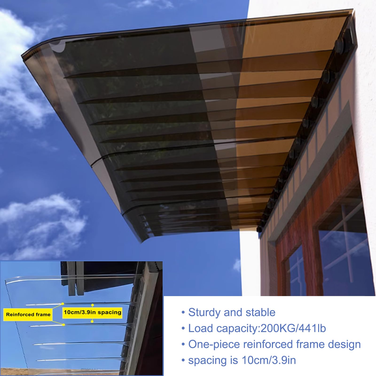 Tejadillo de Protección Transparente,Marquesinas Exterior,Toldo de Entrada de Puerta Delantera de Policarbonato,Tejadillo Puerta Autolimpiable,Toldo Cubierta,3,5mm (Brown,40x90cm/16 x35)