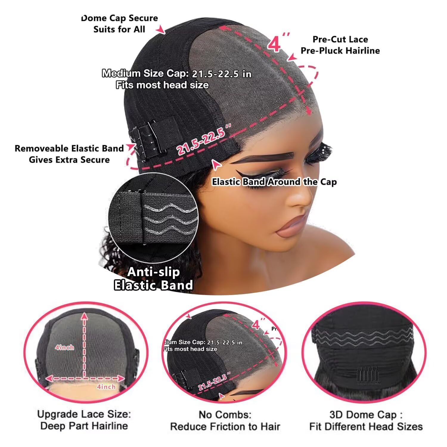 Yaki Parrucca Donna Senza Colla 4x4 Lace Front Wig Human Hair Wear and Go Glueless Wigs Human Hair Pre Plucked Pre Cut for Beginner 180% Density Lace Closure Wigs 16 Pollici
