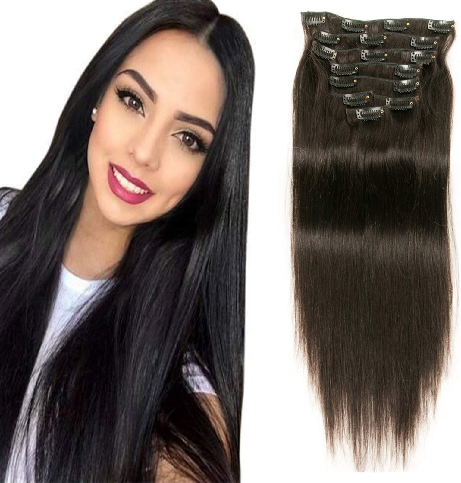 Clip in human hair extensions straight 100% Remy human hair for Women nature black ๏ผSoft and Smooth long hair 7pcs 100g 22 inchโฆ