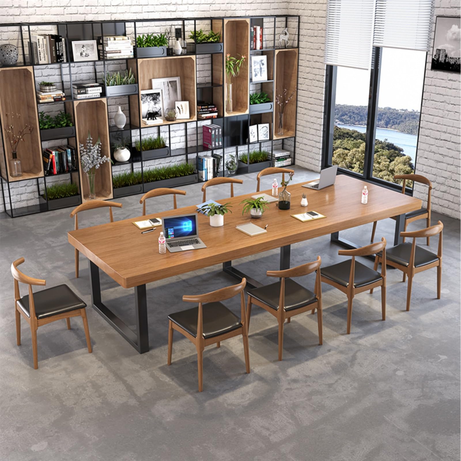 Tavolo da Conferenza in Legno, Tavolo Ufficio in Stile Industriale, Scrivania Lunga, Gambe in Metallo Nero, Adatto per Ristoranti, Cucine e Uffici, può Ospitare da 5 a 10 Persone(Brown,160x80x75cm/63x