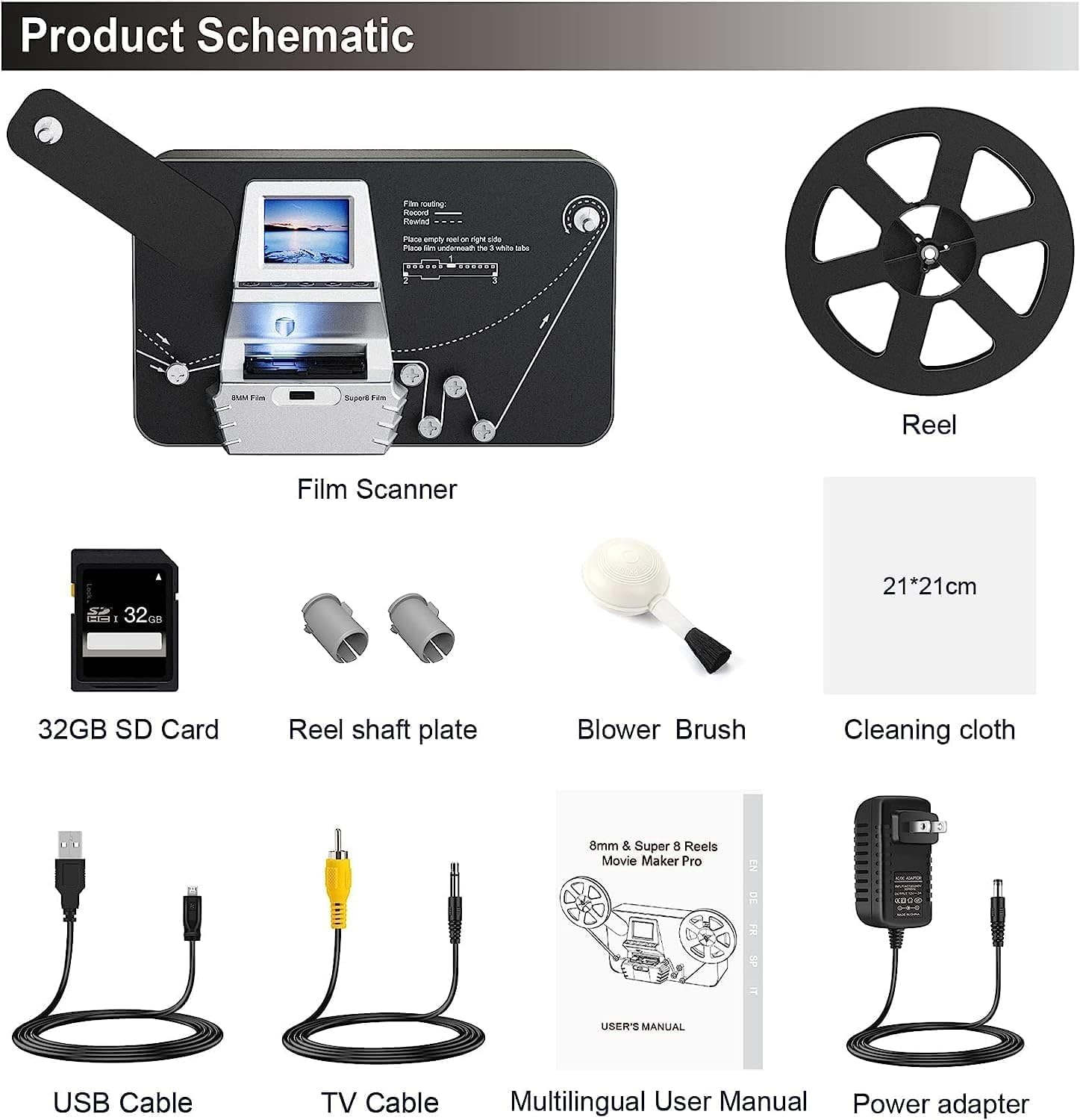Super 8 Film Scanner Digitalisieren 32 GB Speicherkarte 2,4" LCD