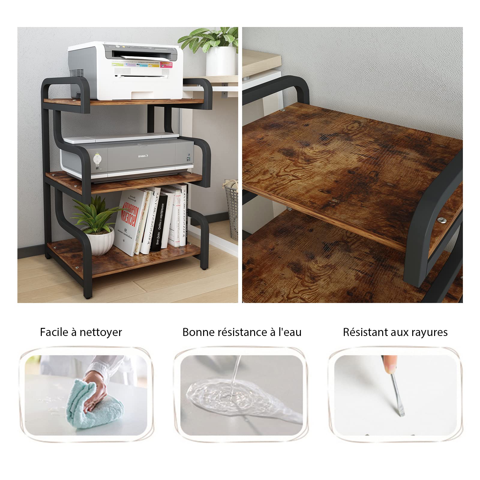PUNCIA Support Imprimante à 3 Niveaux Meuble pour Imprimante 55x40x84 CM | avec Stockage Support pour Imprimante Étagère Imprimante en Bois Meuble de Rangement Scanner Fax pour Bureau Maison (Marron)