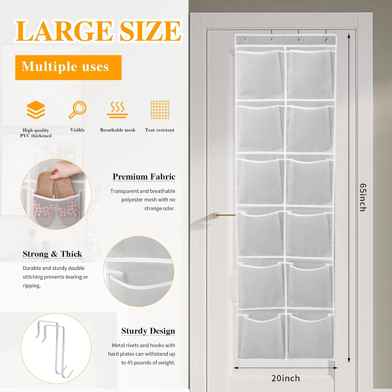 GOMAJI 12 Large Breathable Mesh Pockets, Over The Door Shoe Organizer, Boots Hanging Storage Shoe Rack for Closet, Accessories - Gray
