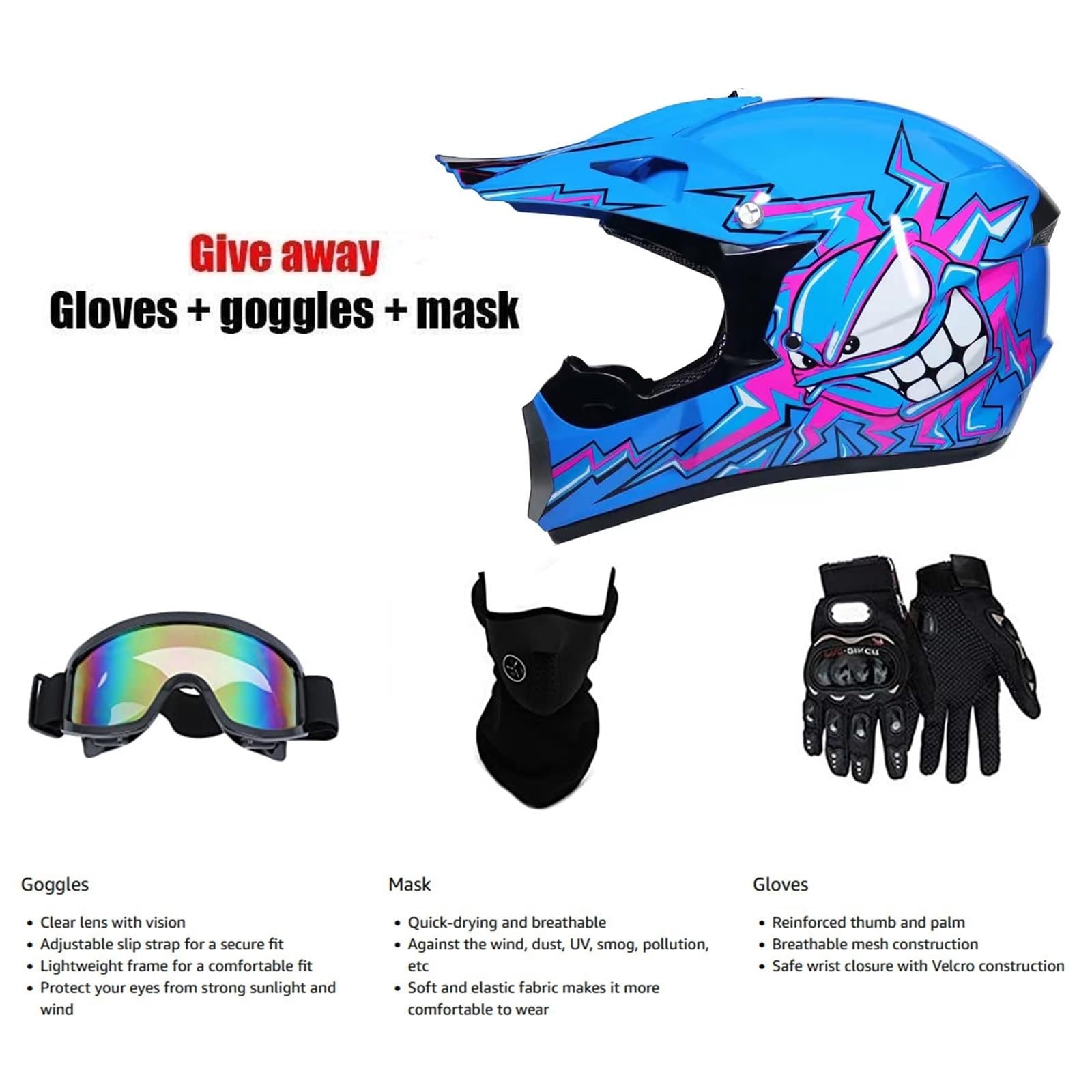 Casco de motocross para niños, casco de moto de montaña, para jóvenes y adultos, casco de motocross, todoterreno, esquí, quad, mountain bike, BMX, Downhill Off Road Helm, con guantes máscara